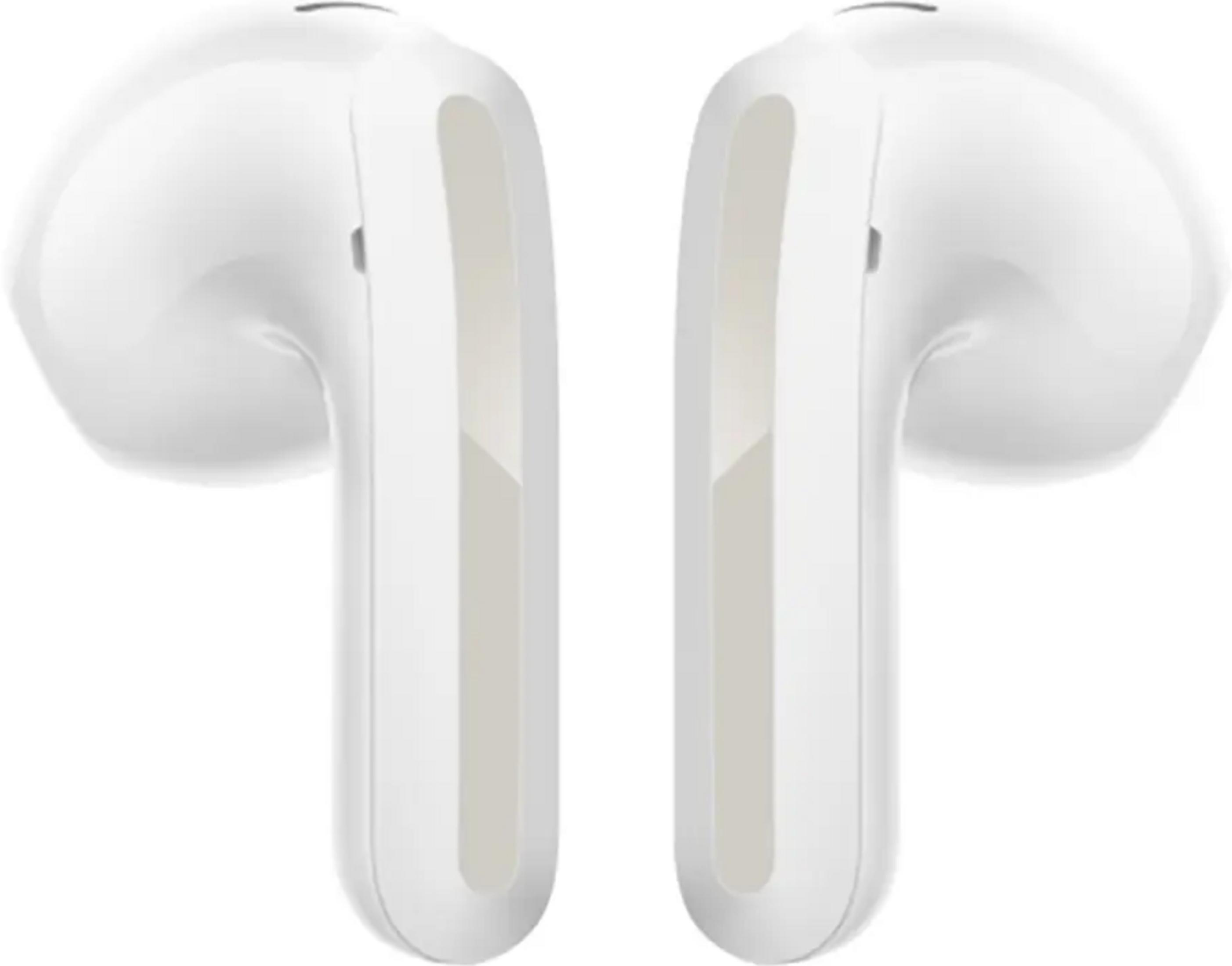 Twee witte oordopjes met een strak design.