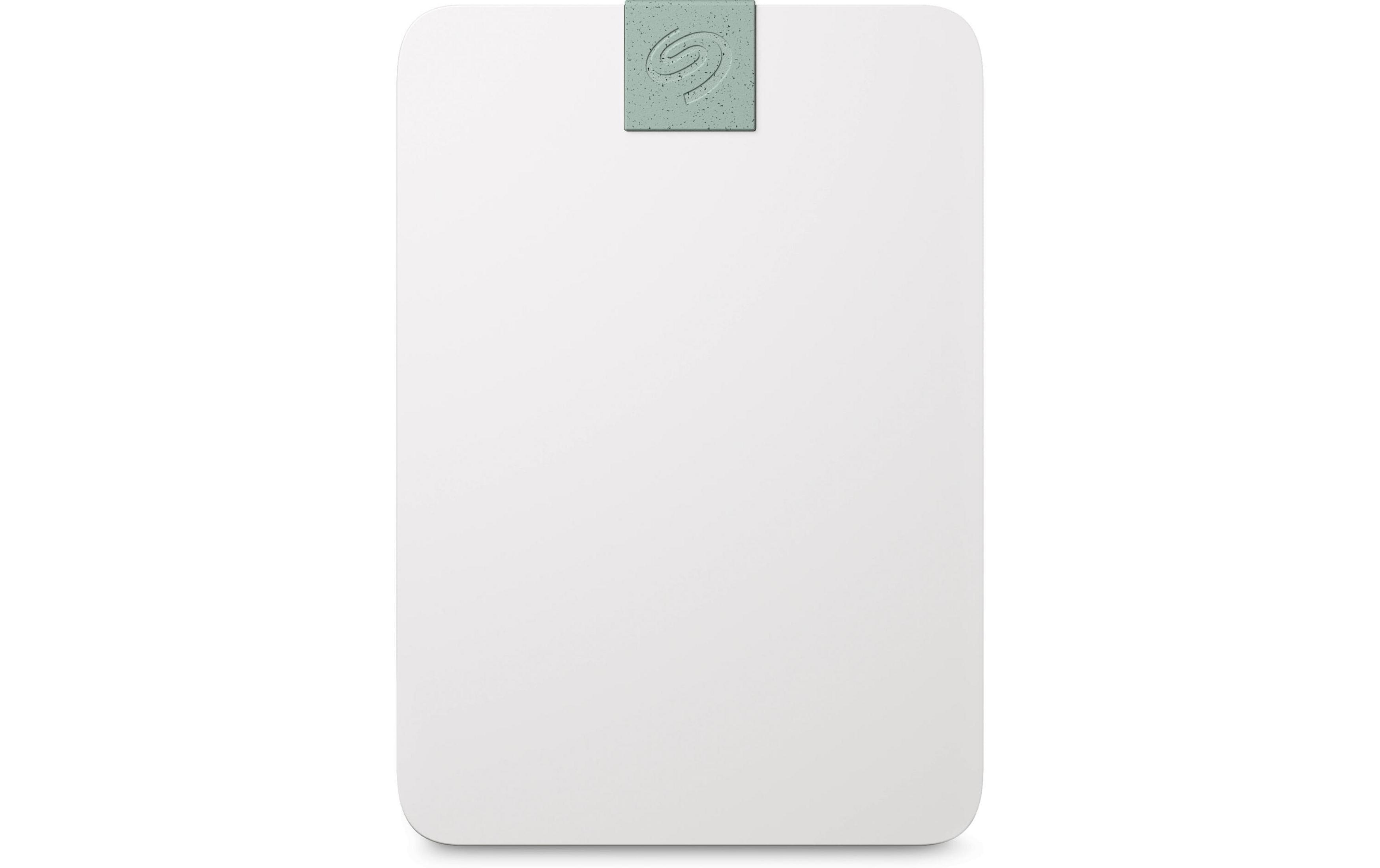 Ein weißes externes Speichermedium mit einem grünen Logo oben.