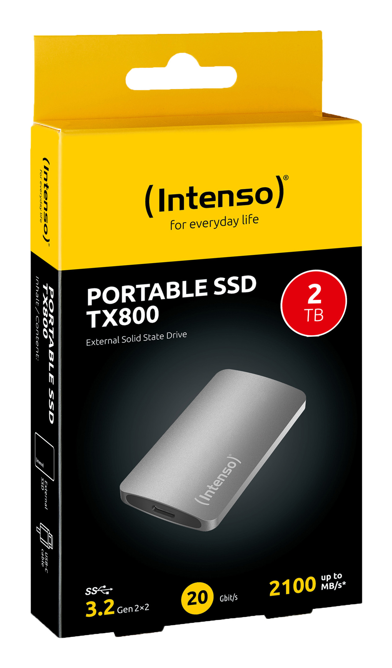 Intenso Portable SSD TX800, srebrny, 2 TB. Z USB 3.2 Gen 2x2, 20 Gbit/s, 2100 MB/s.