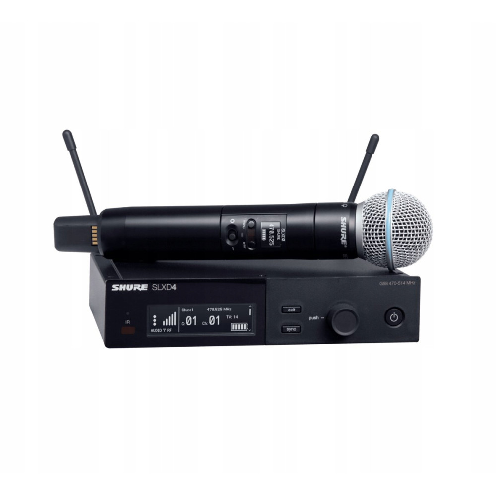 Czarny zestaw mikrofonu bezprzewodowego Shure SLXD4 z nadajnikiem ręcznym i odbiornikiem.