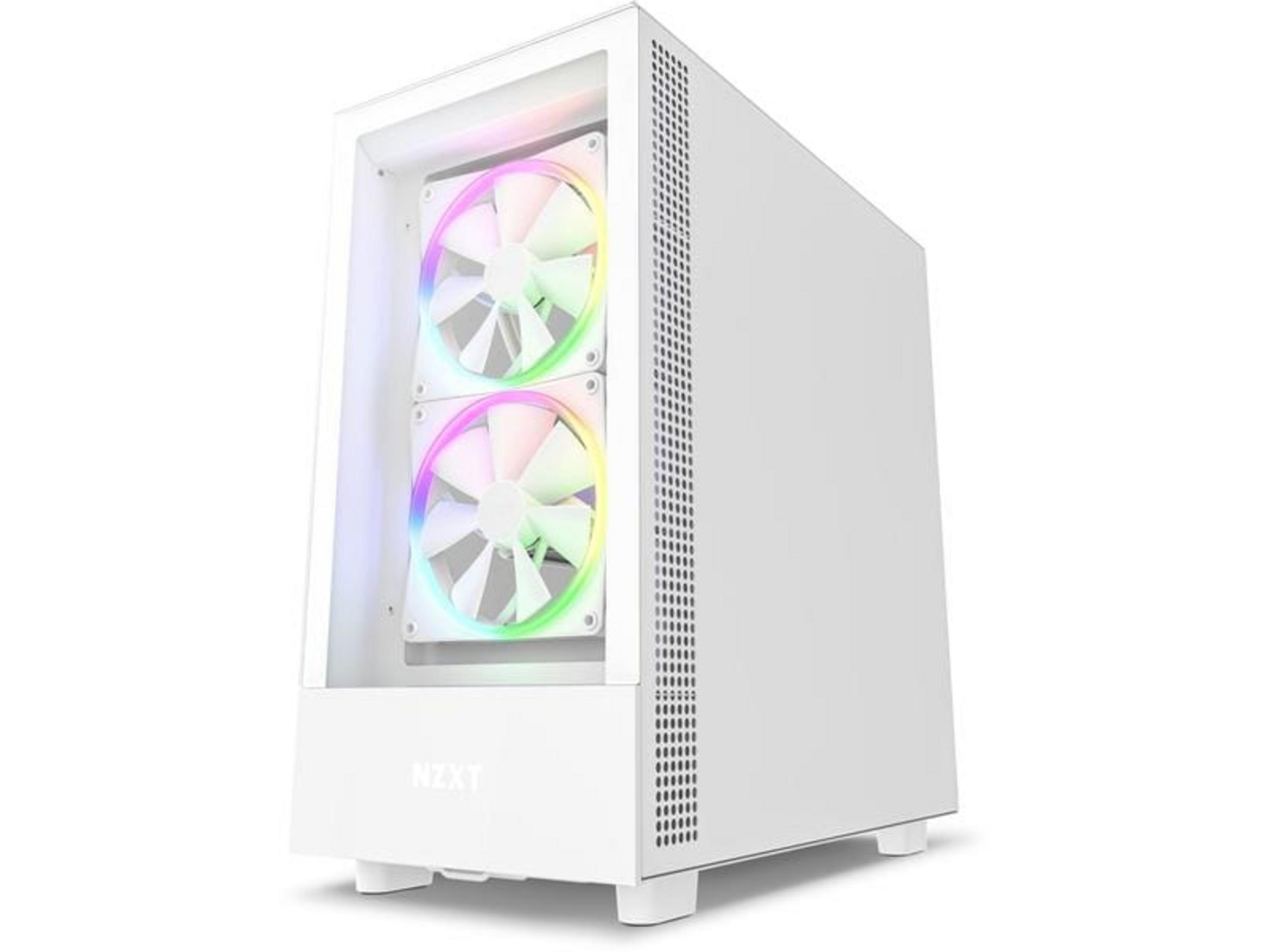 Un case PC bianco con due ventole RGB frontali e un logo NZXT.