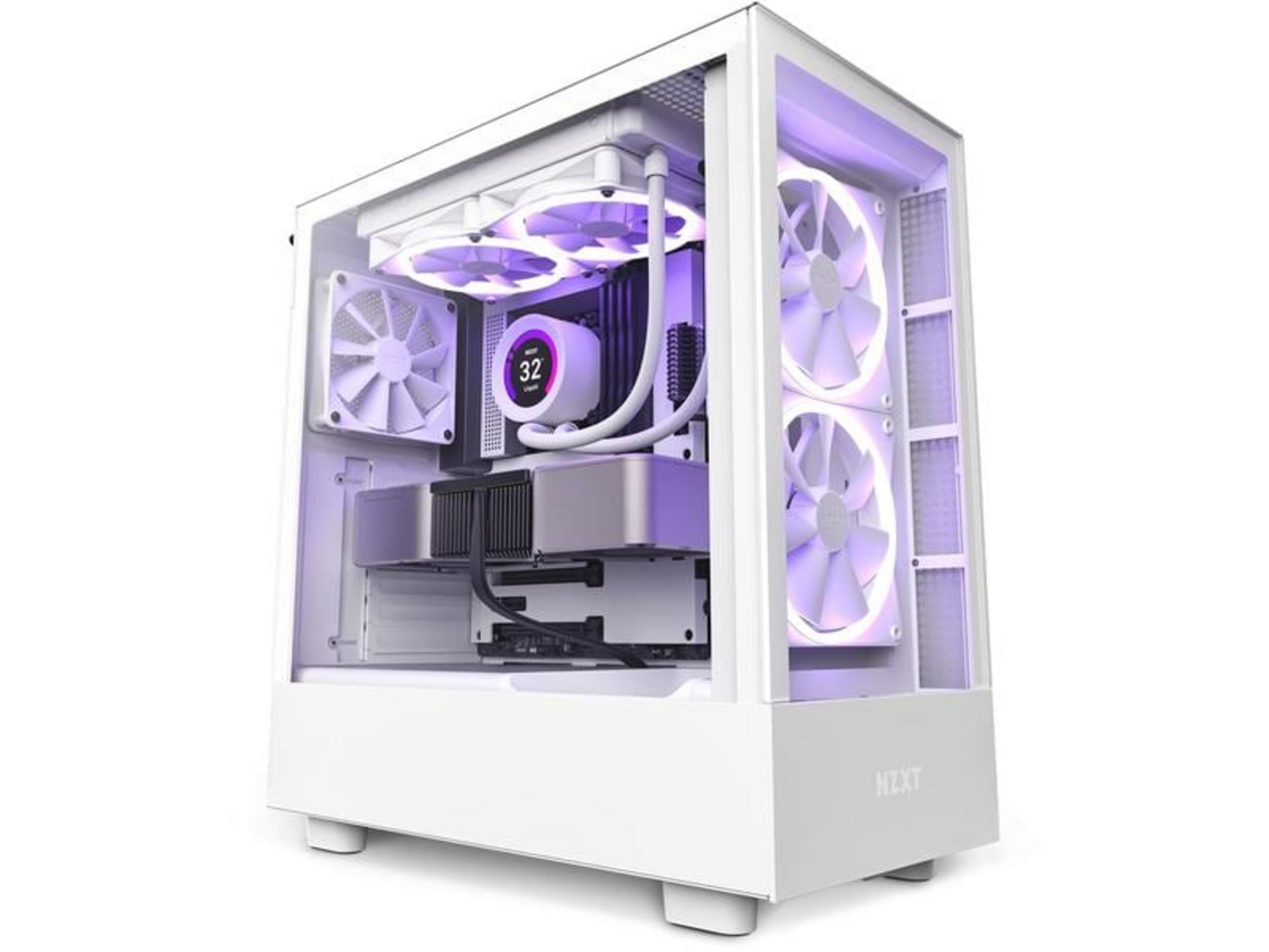 Un PC bianco con illuminazione LED viola, ventole e raffreddamento a liquido.
