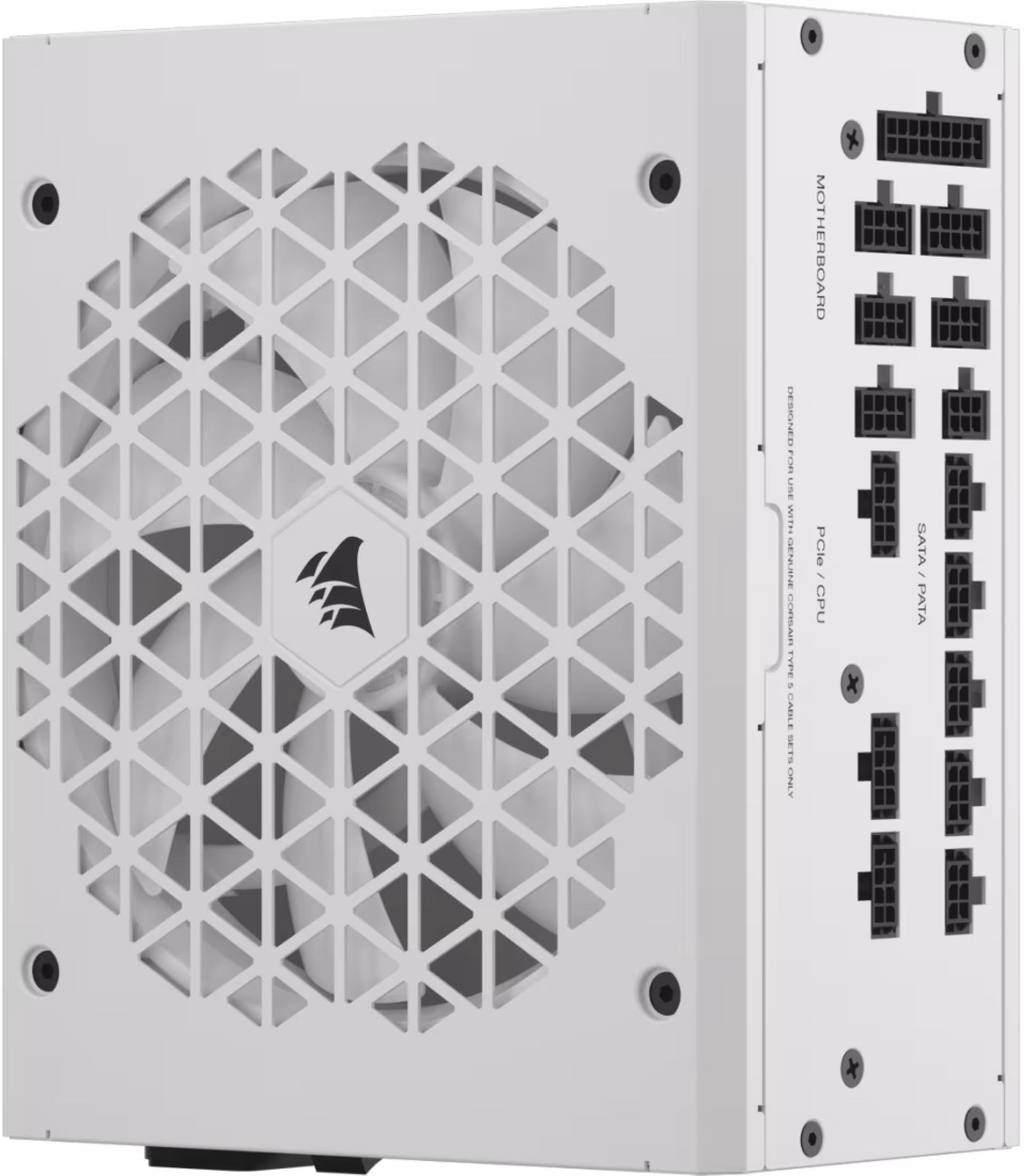 Biały zasilacz z kratką wentylatora i złączami.