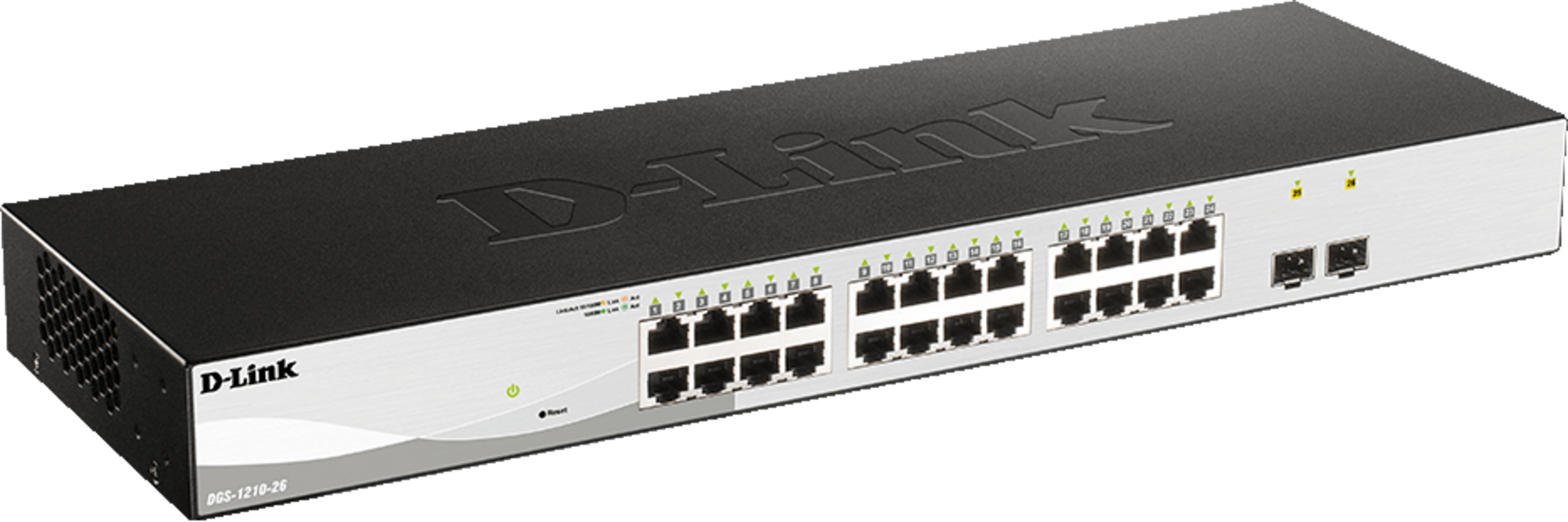 Uno switch di rete D-Link argentato con prese d'aria nere e 24 porte Ethernet.
