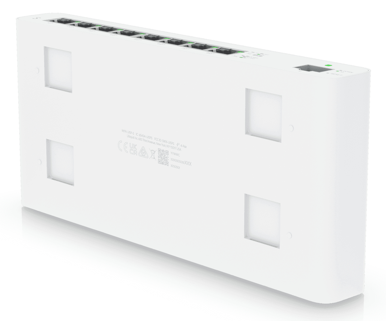 Biały przełącznik sieciowy z 8 portami Ethernet i zielonym wskaźnikiem.