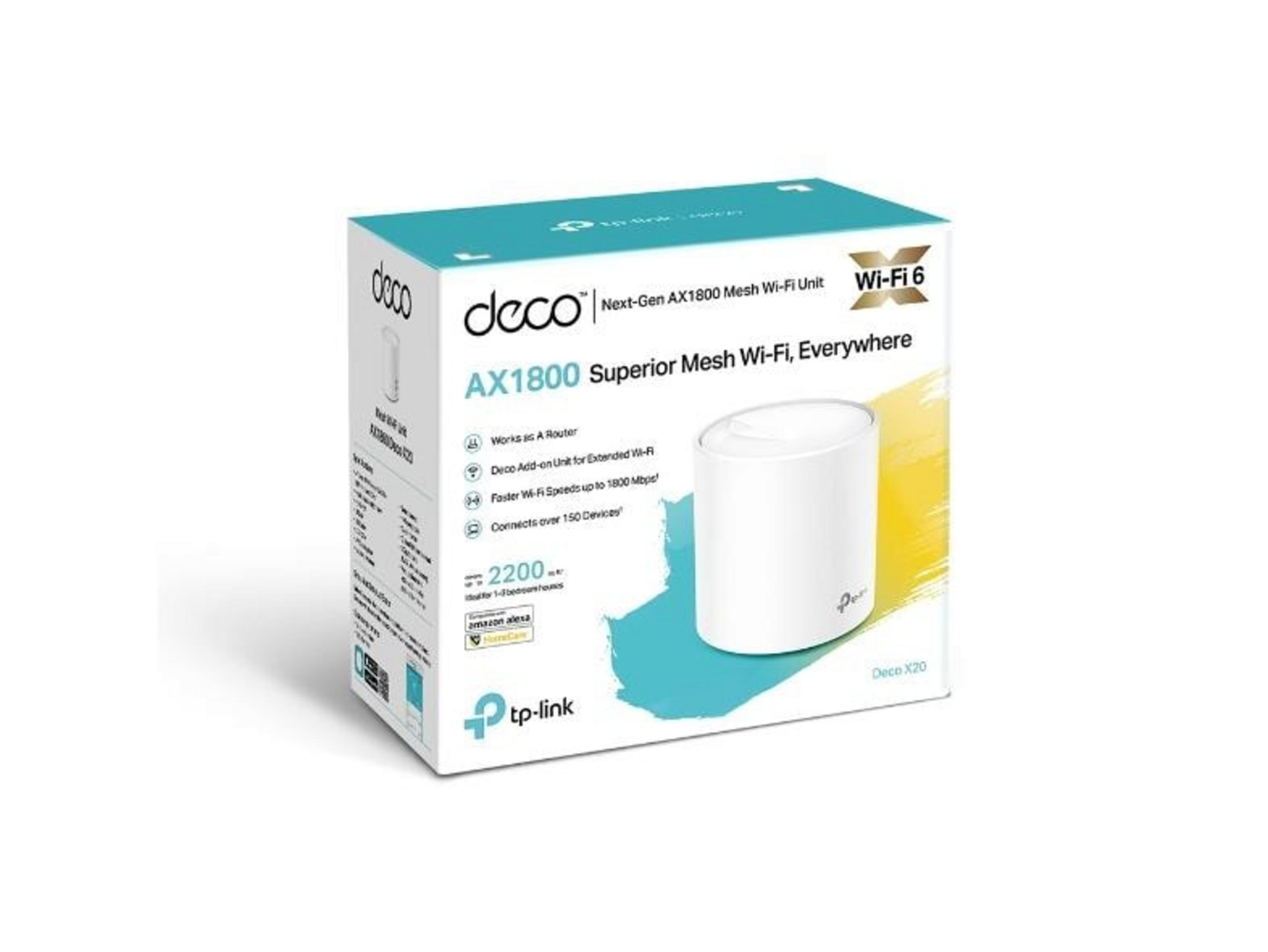 TP-Link Deco AX1800 Mesh Wi-Fi 6 Router-Verpackung mit einem weißen Gerät.