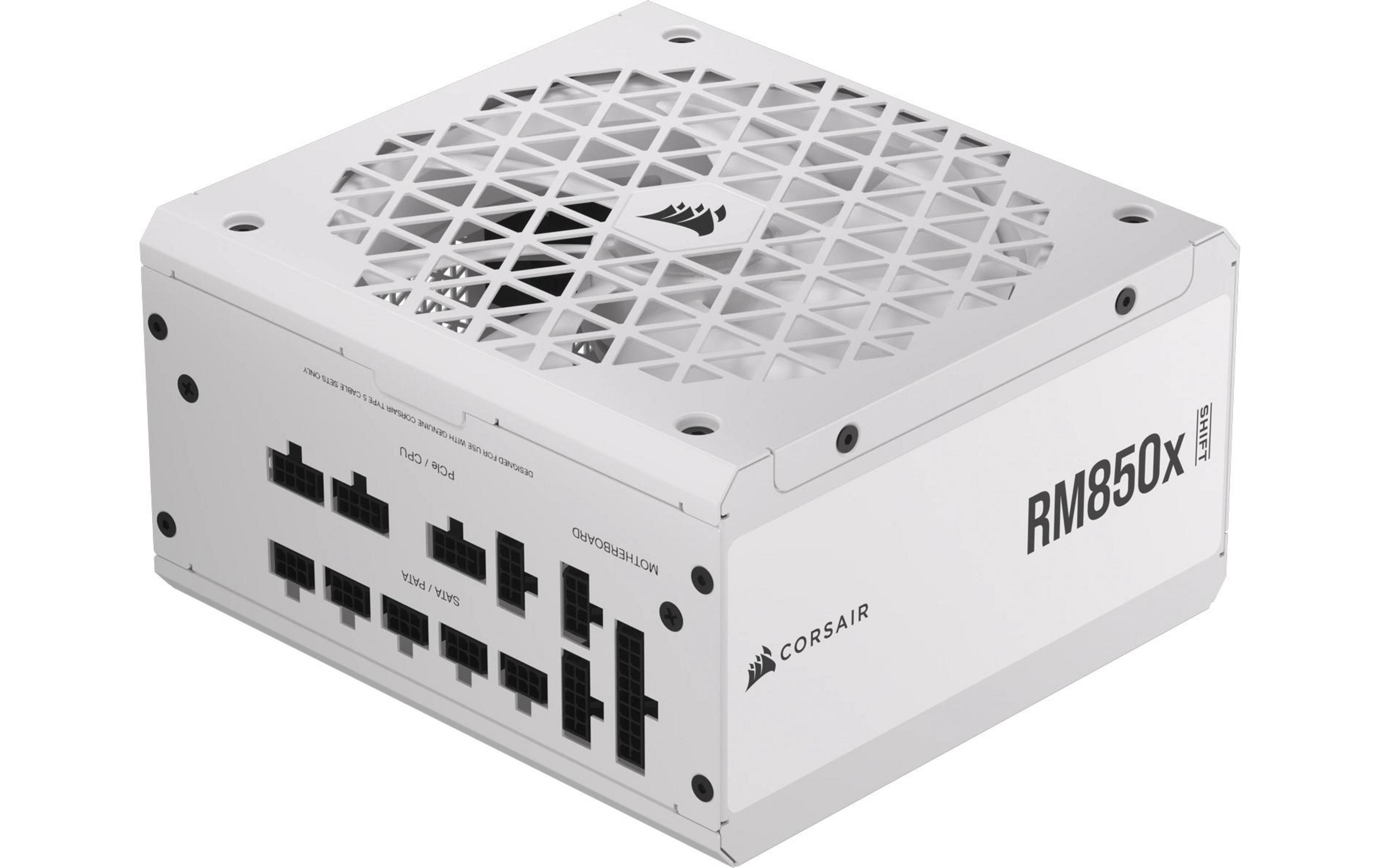 Biały zasilacz Corsair RM850x ze złączami SATA/PATA, Płyty głównej i PCIe/CPU.