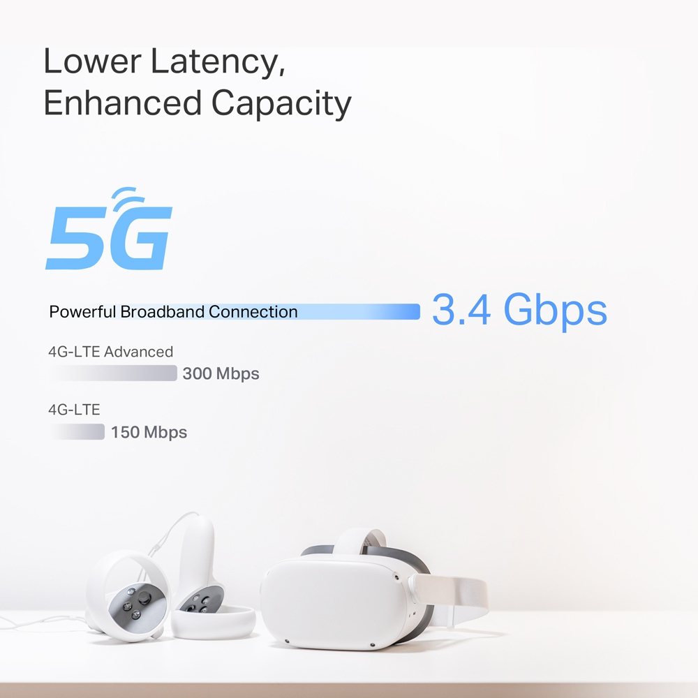 VR-Headset und Controller neben 5G-Symbol mit Geschwindigkeitsanzeige.