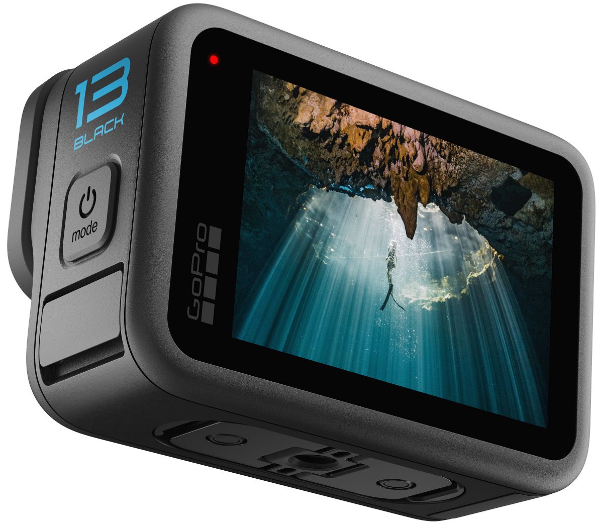 Schwarze GoPro 13 mit Taucher im Bildschirm. Sonnenstrahlen im Wasser.