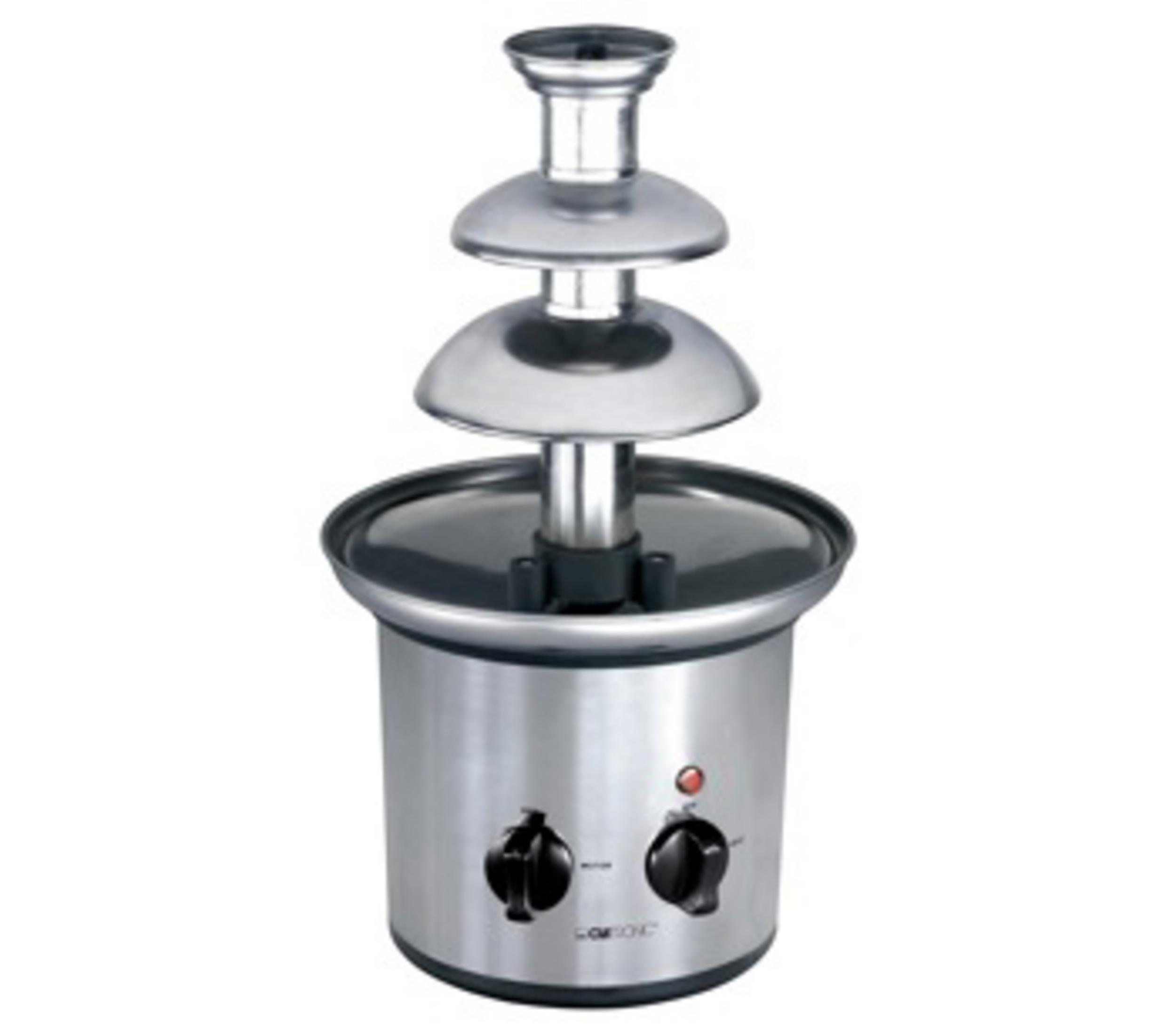 Srebrna fontanna czekoladowa z trzema poziomami i dwoma czarnymi pokrętłami.