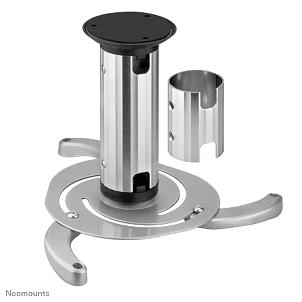A silver projector mount with a round top and three arms.