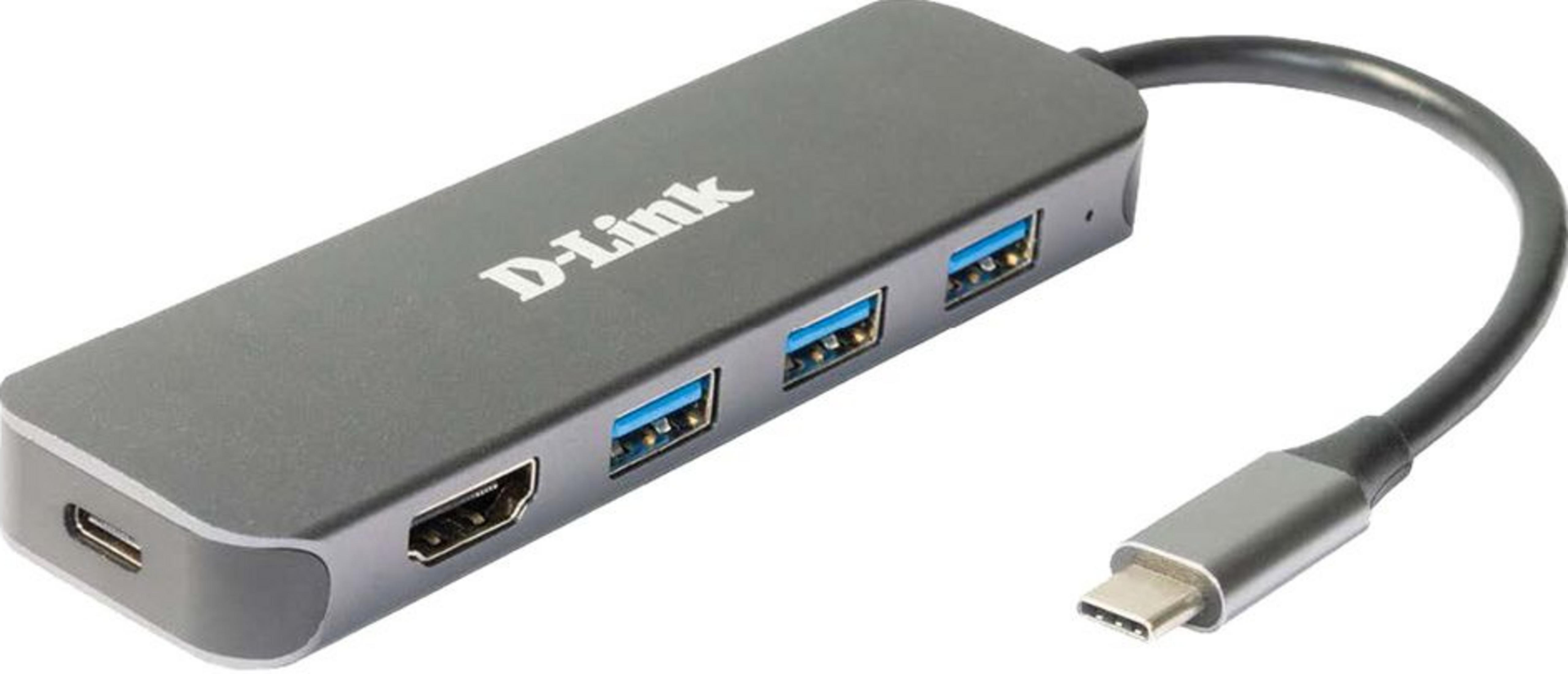 Hub USB-C grigio con porte HDMI, USB-A e logo D-Link.