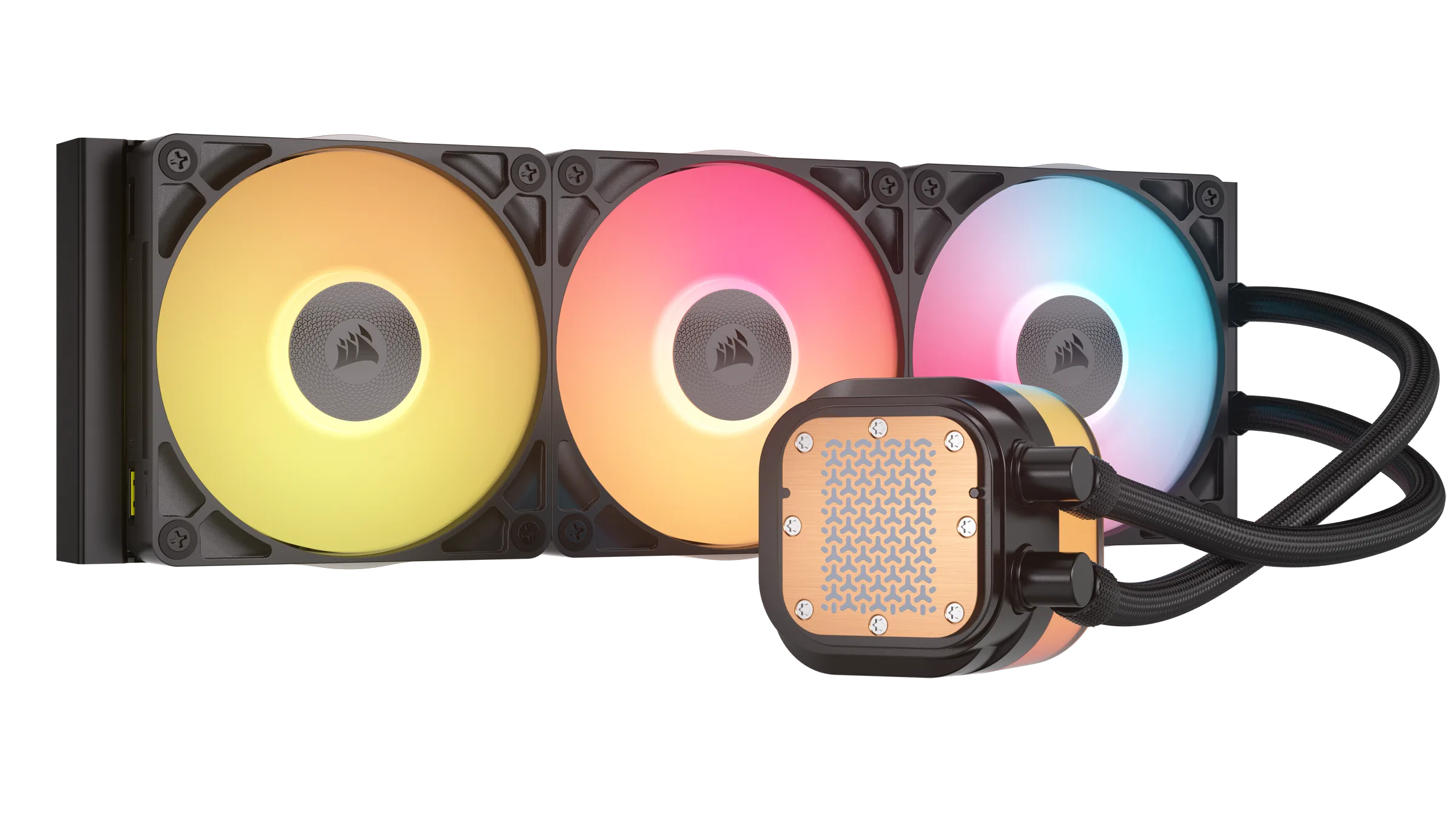 A CPU cooler with three RGB fans and a copper-colored pump.