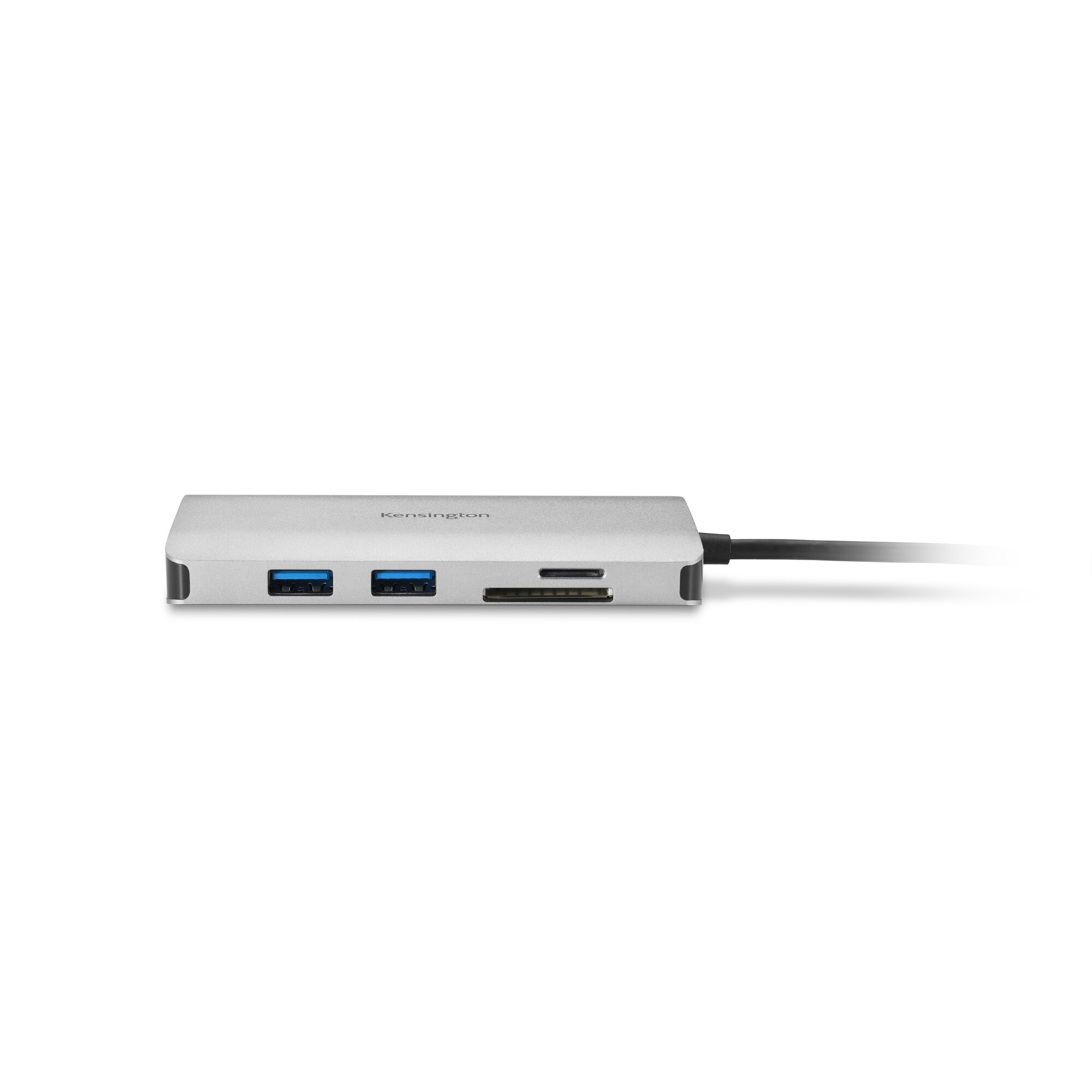 Hub USB-C argento con due porte USB e lettore di schede SD.