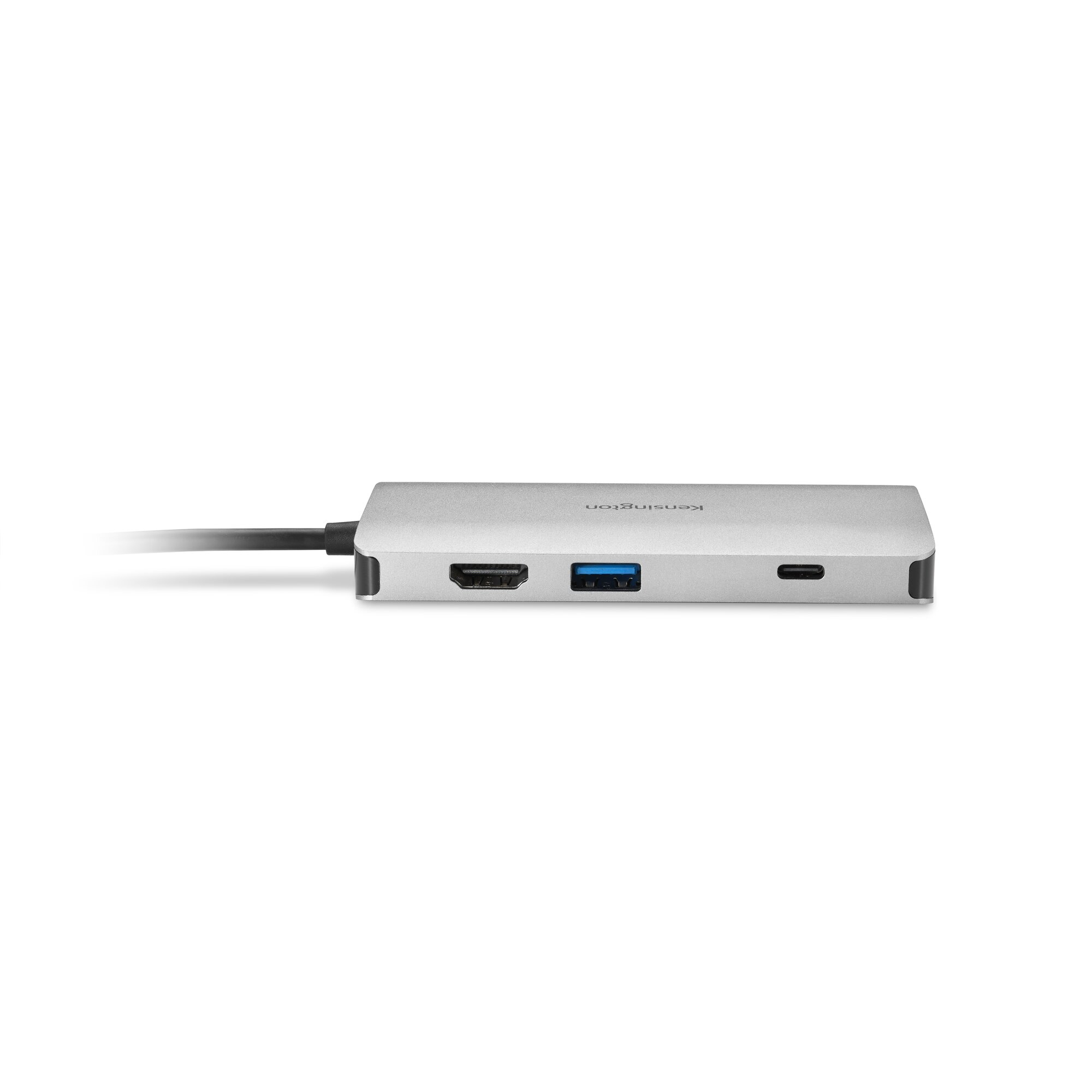 Un hub USB-C argento con porte HDMI, USB-A e USB-C.