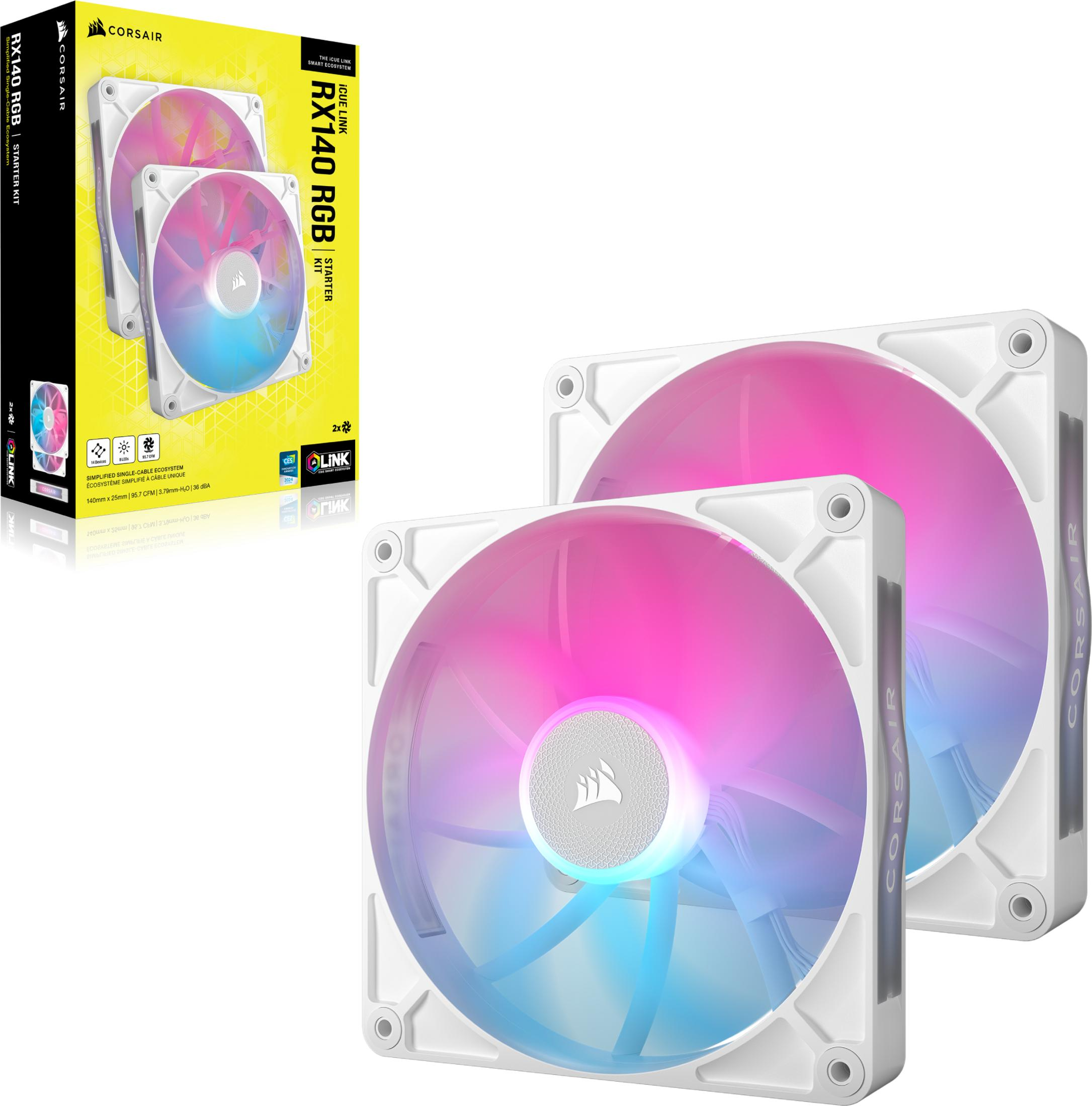 Zwei weiße Corsair RGB-Lüfter mit pinker und blauer Beleuchtung, auf weißem Hintergrund mit Verpackung.