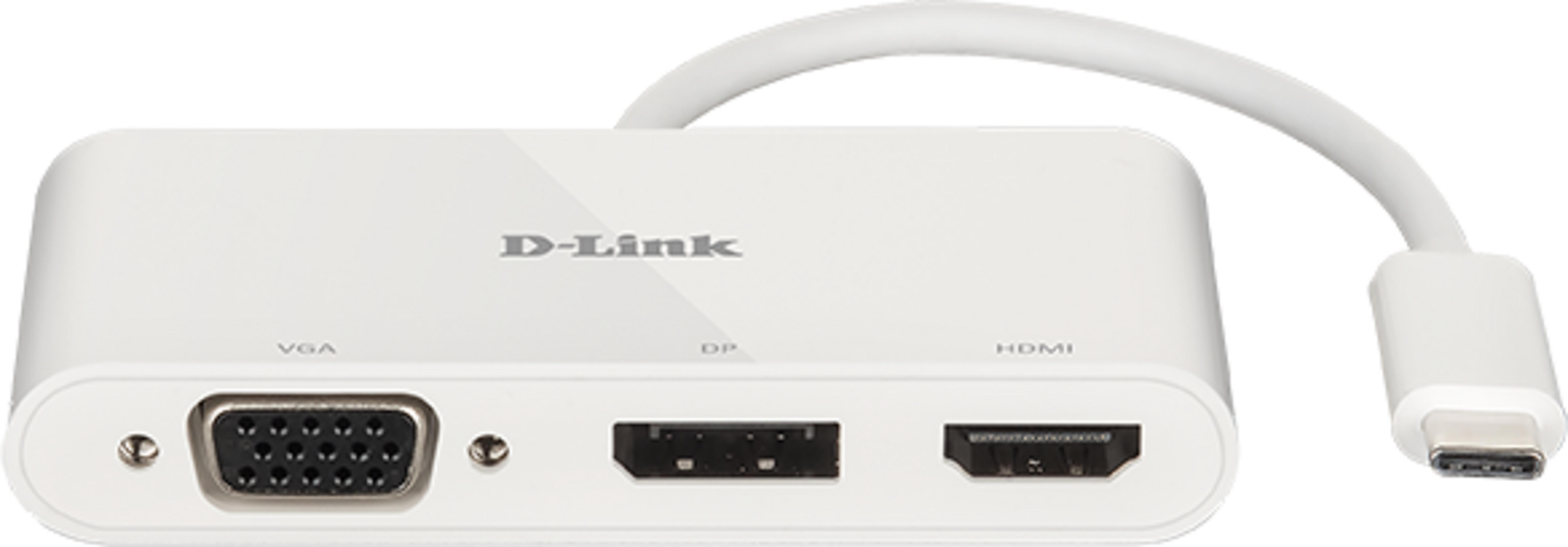 Un adattatore bianco D-Link con porte VGA, DP e HDMI e cavo USB-C.
