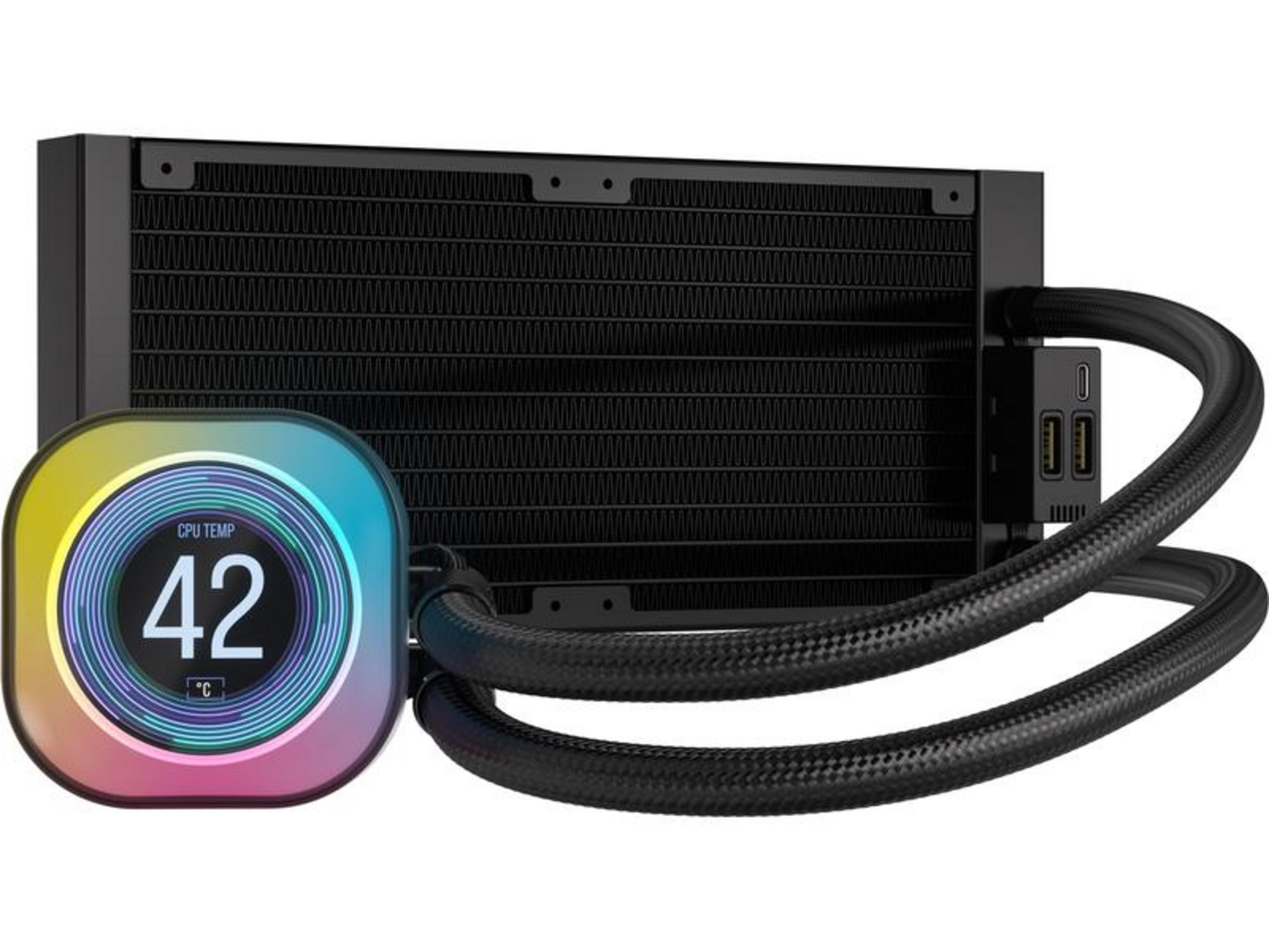 Czarna chłodnica CPU z kolorowym wyświetlaczem pokazującym 42°C.
