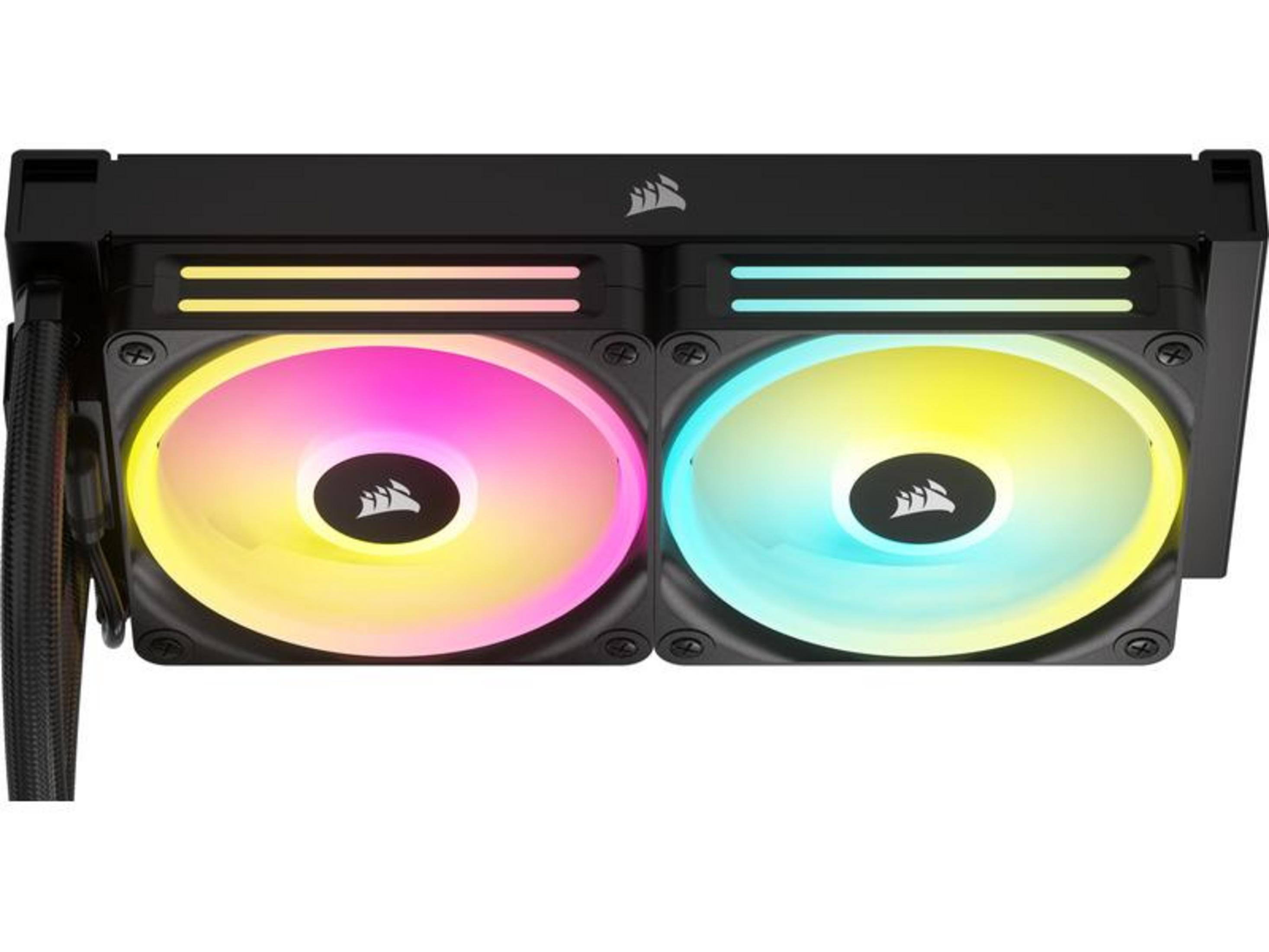 Dwa wentylatory z podświetleniem RGB przechodzącym od różowego przez żółty do niebieskiego.