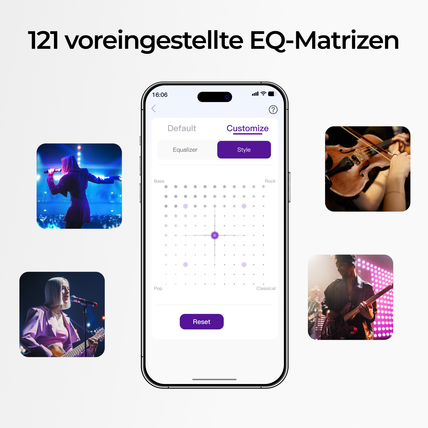 Smartphone zeigt EQ-Einstellungen mit Musikern und Instrumenten.