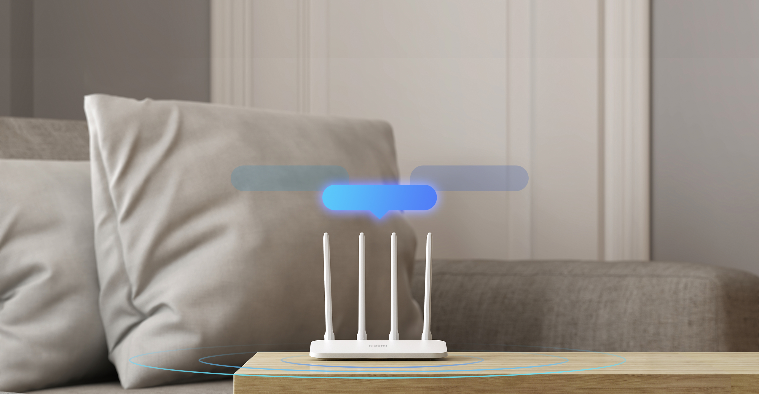 Biały router z trzema antenami na drewnianym stole. Nad nim unoszą się dymki.