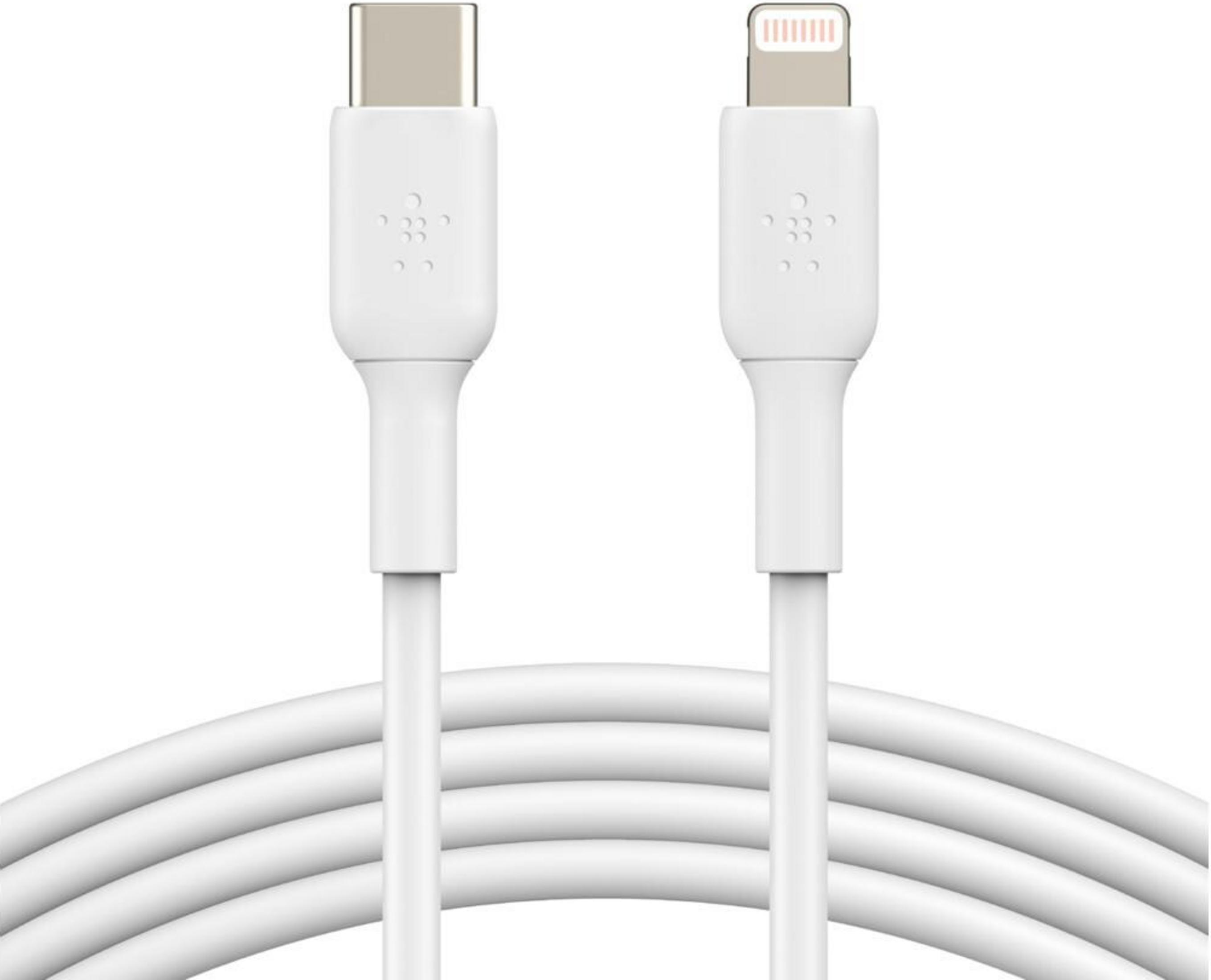 Ein weißes USB-C-zu-Lightning-Kabel mit Metallanschlüssen.