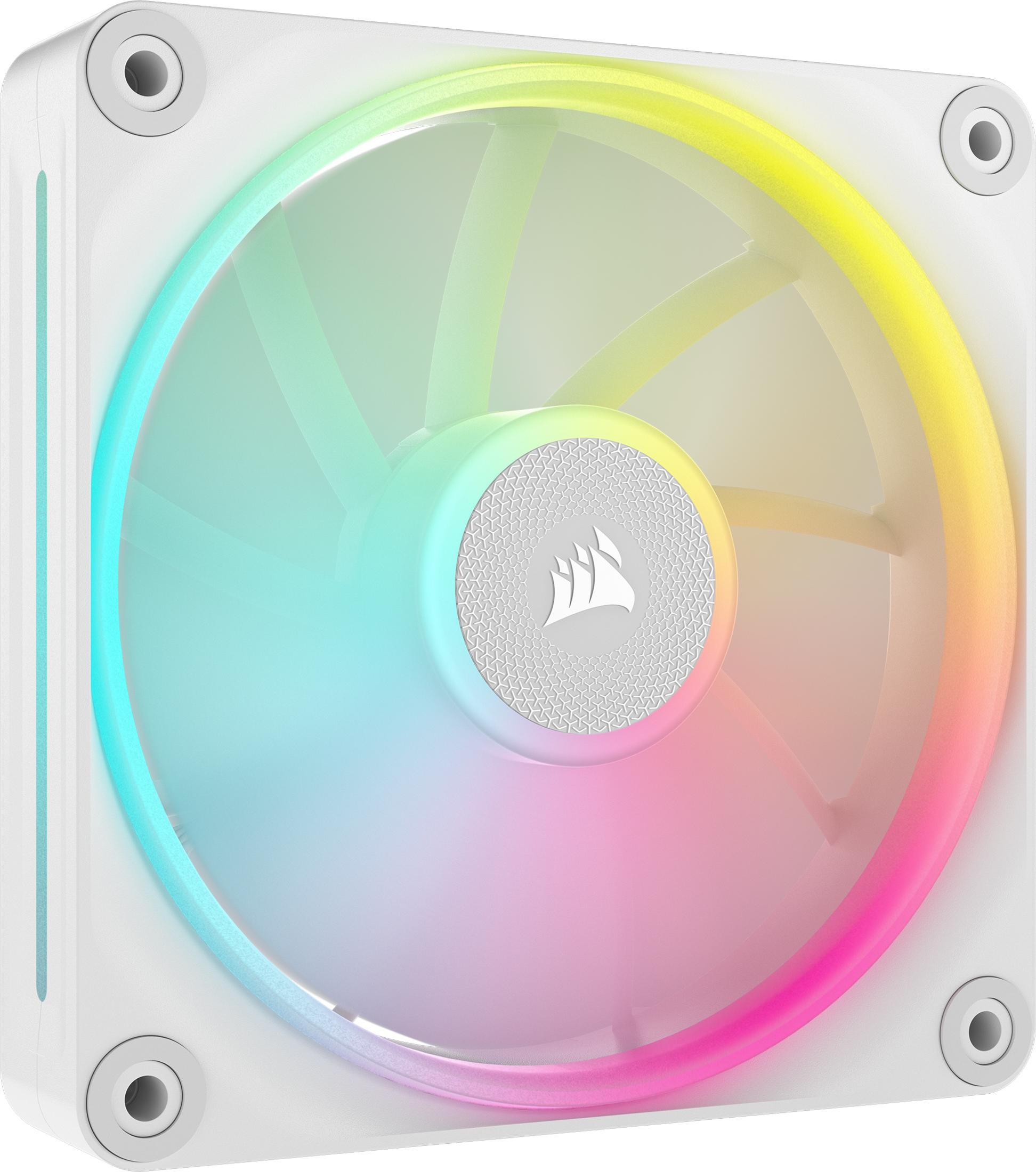 Ventilateur PC blanc avec éclairage RVB bleu, vert et rose.