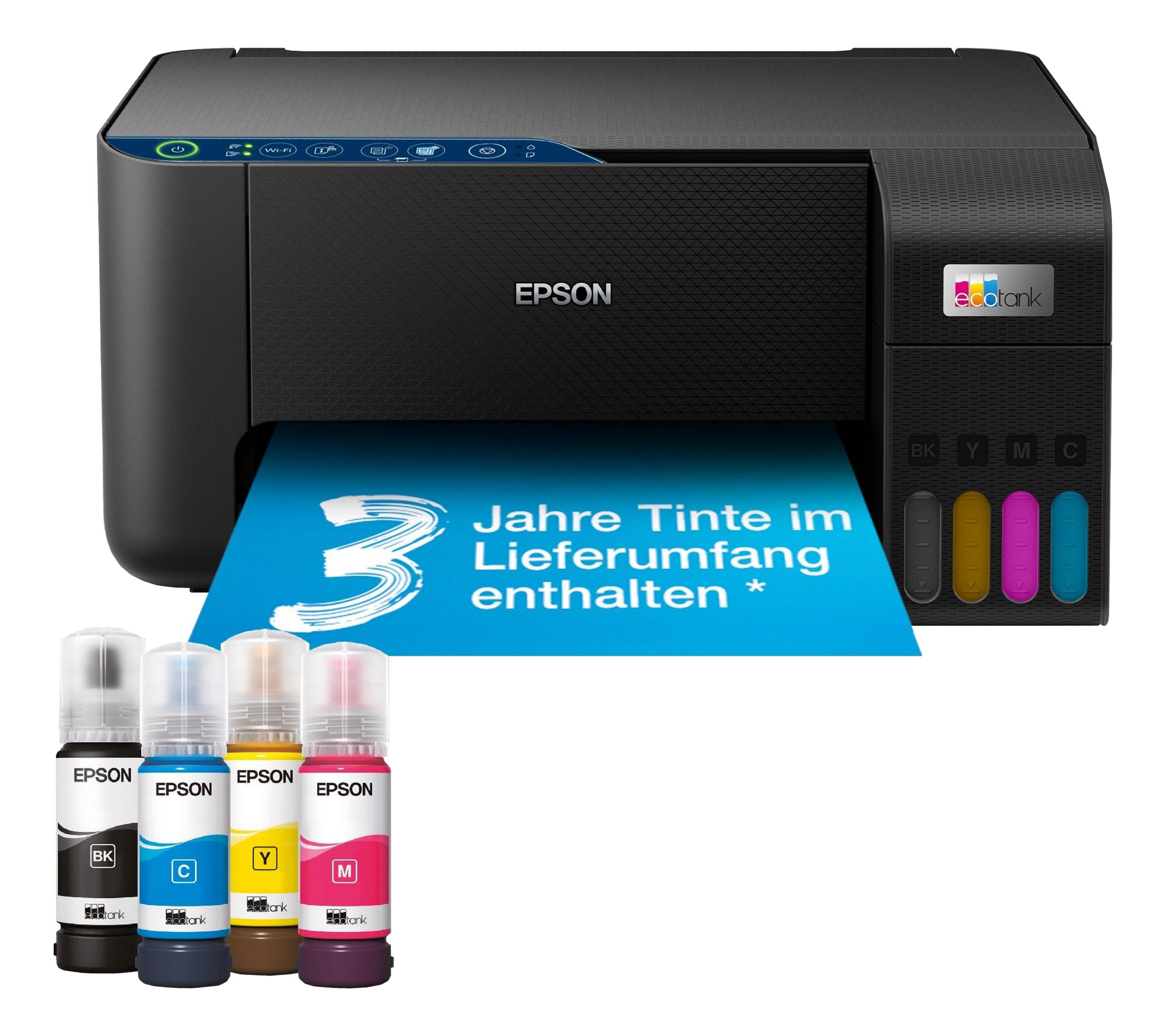 Drukarka Epson EcoTank z czterema butelkami tuszu: czarny, cyjan, żółty, magenta.