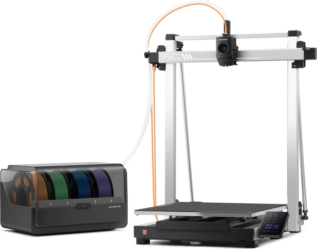 Una stampante 3D con scatola filamenti contenente più bobine. Struttura bianca e argento.