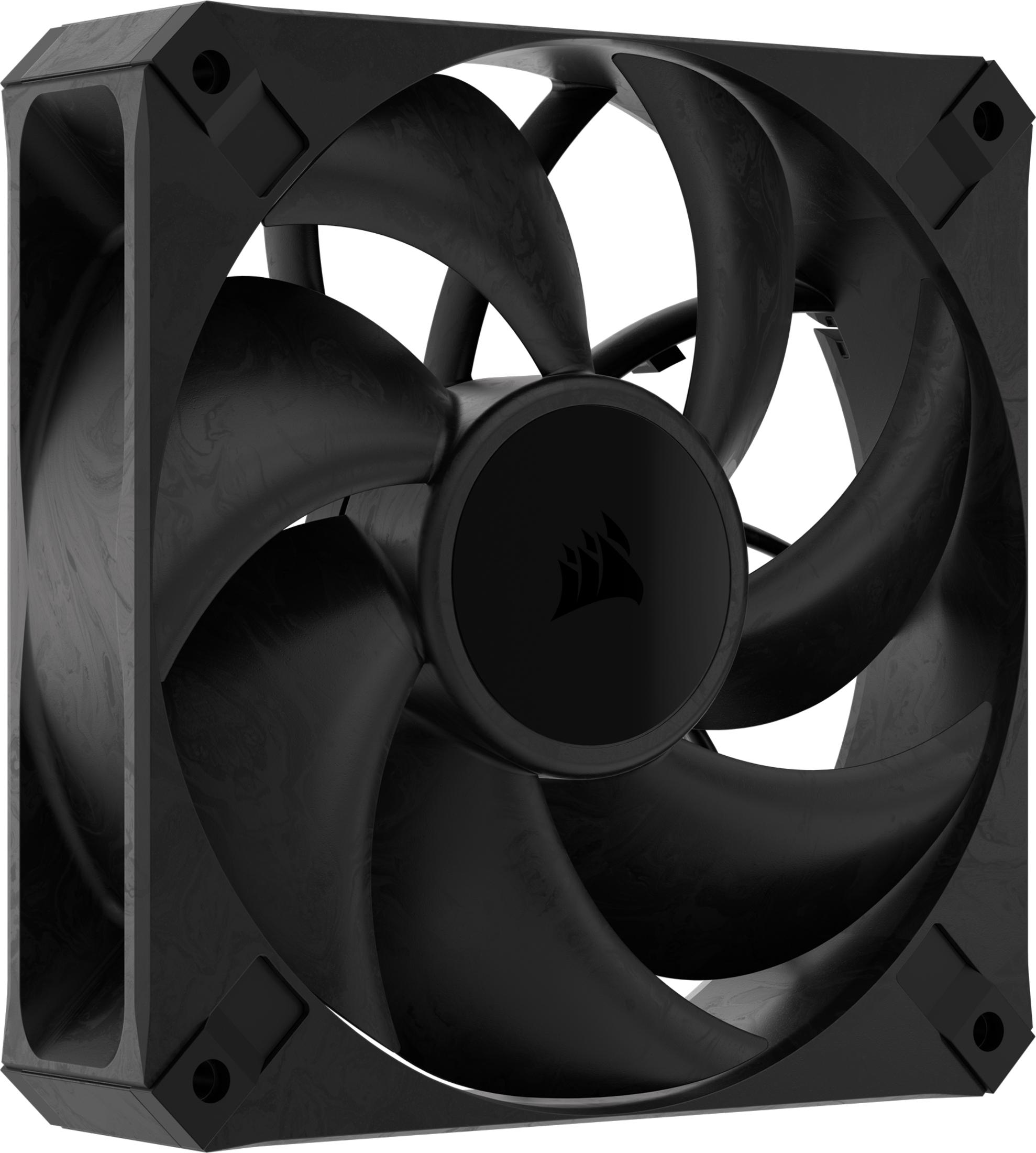 Un ventilateur d'ordinateur noir à six pales, sur fond blanc.