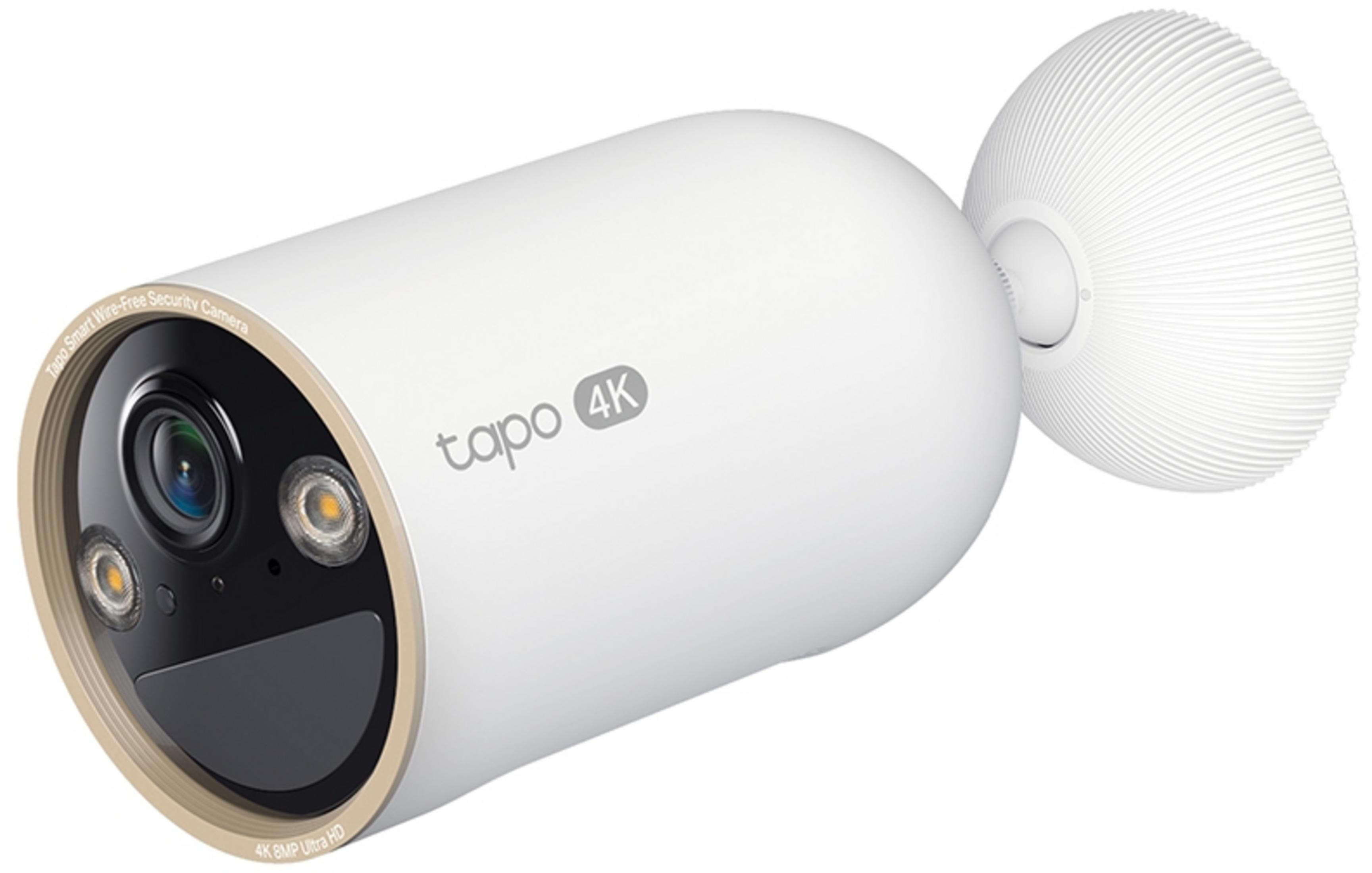 White Tapo 4K security camera with lens, lights and microphone.