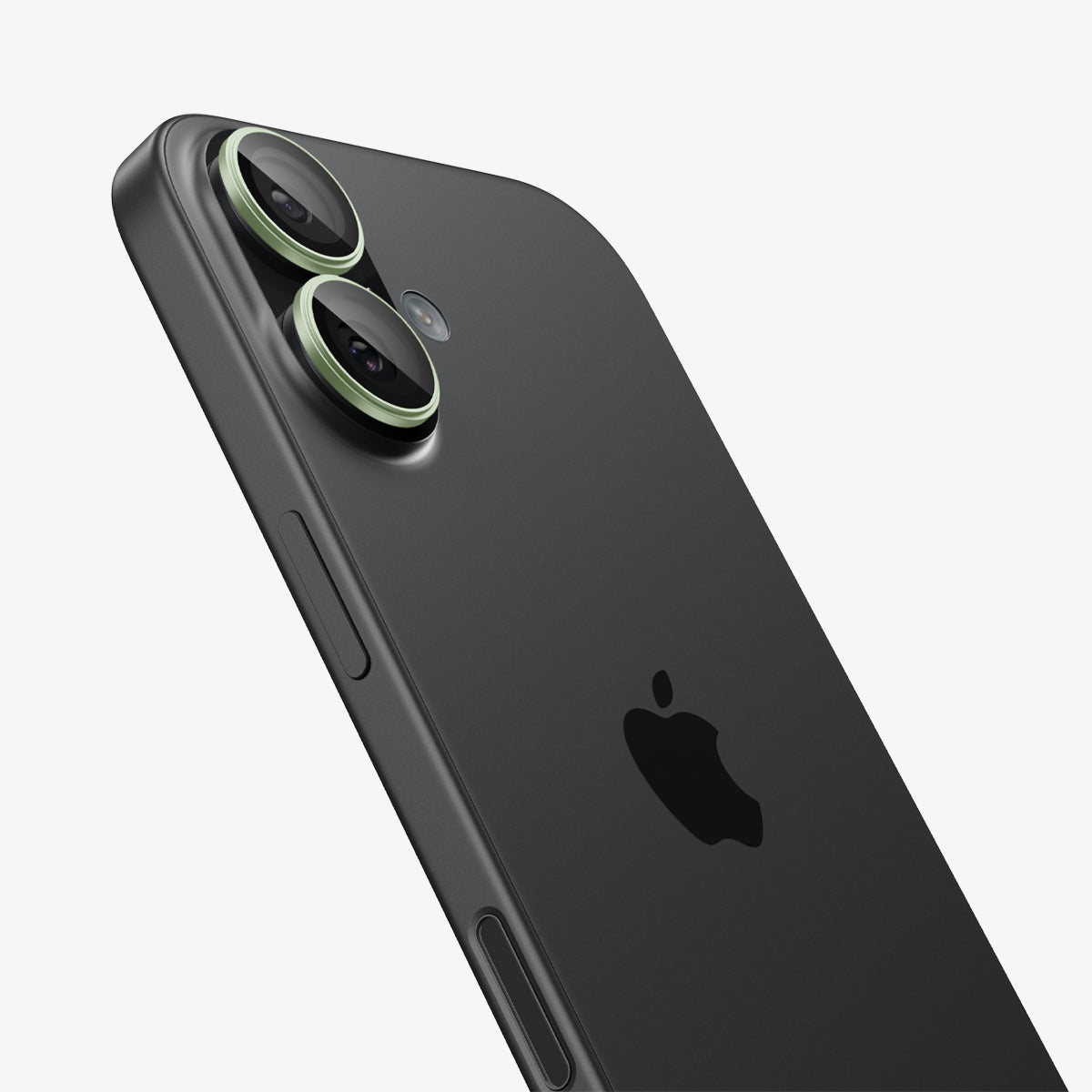 Dark gray iPhone with two cameras and an Apple logo. Close-up view.