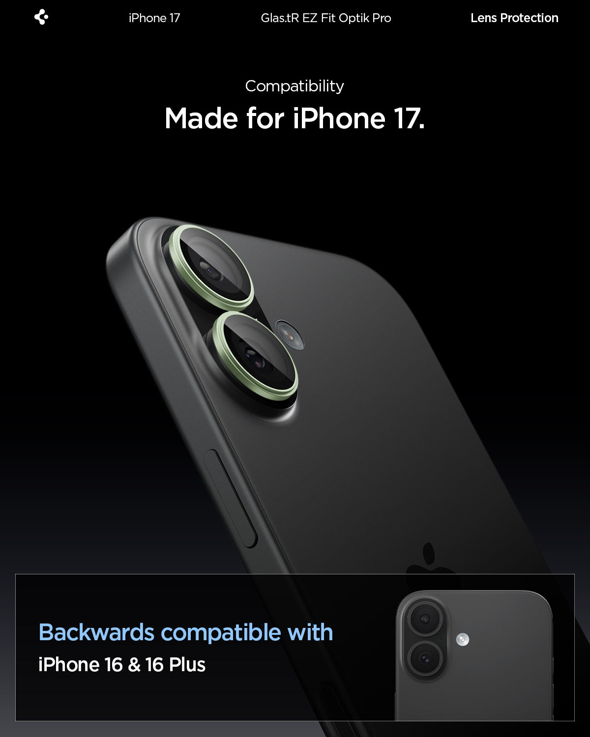 A black iPhone 17 with two cameras and a green ring around them.