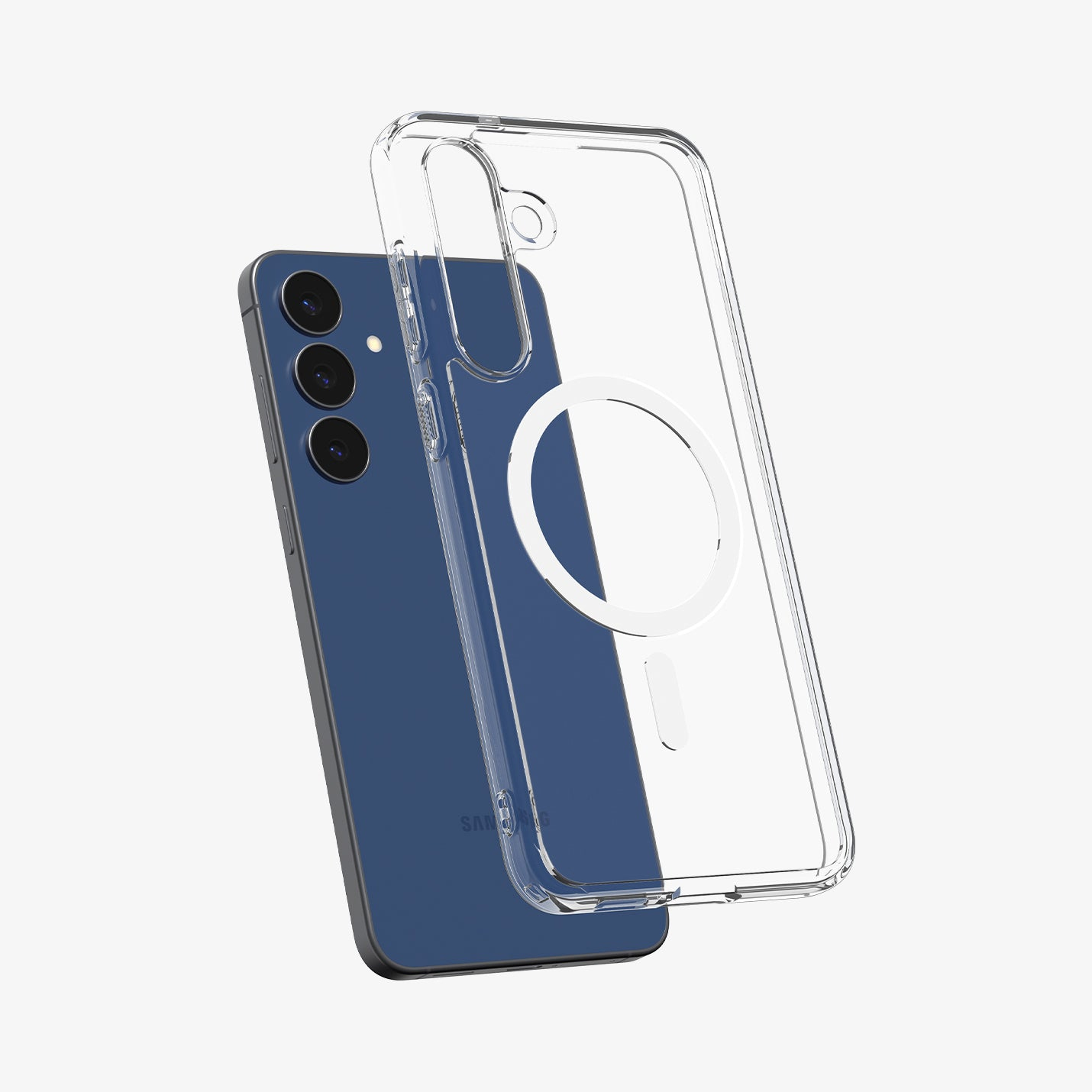 Een blauwe smartphone met drie camera's en een doorzichtige hoes.