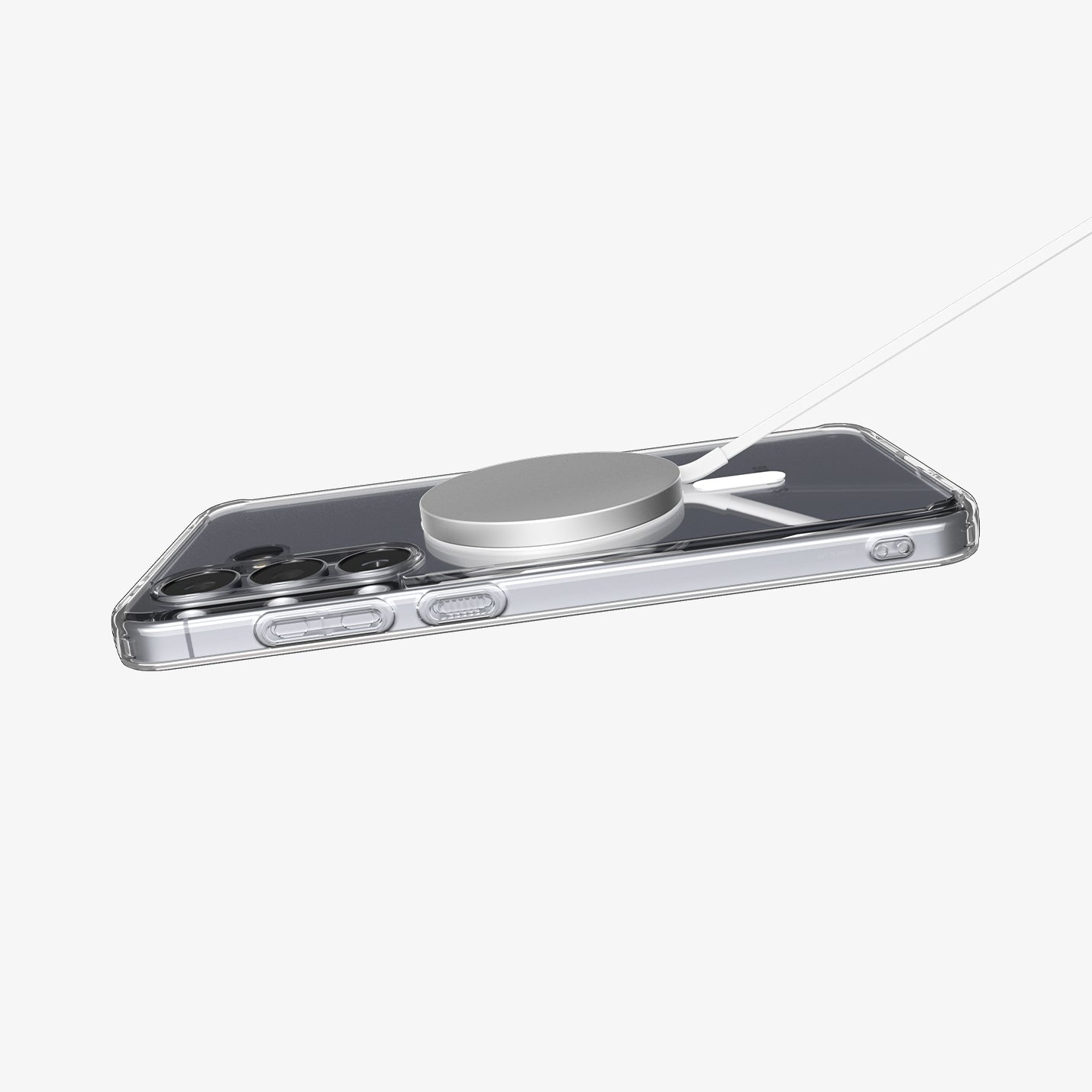 Een doorzichtige telefoonhoes met een zilveren magnetische oplader aan de achterkant.