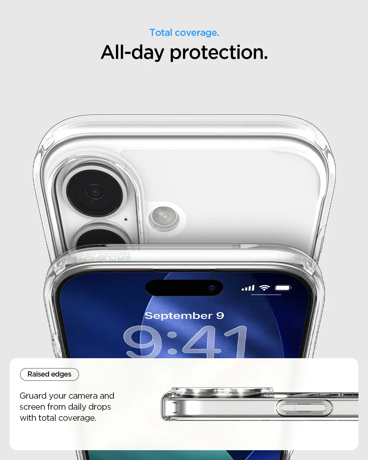 Een doorzichtige hoes beschermt een iPhone met "9:41" op het scherm.