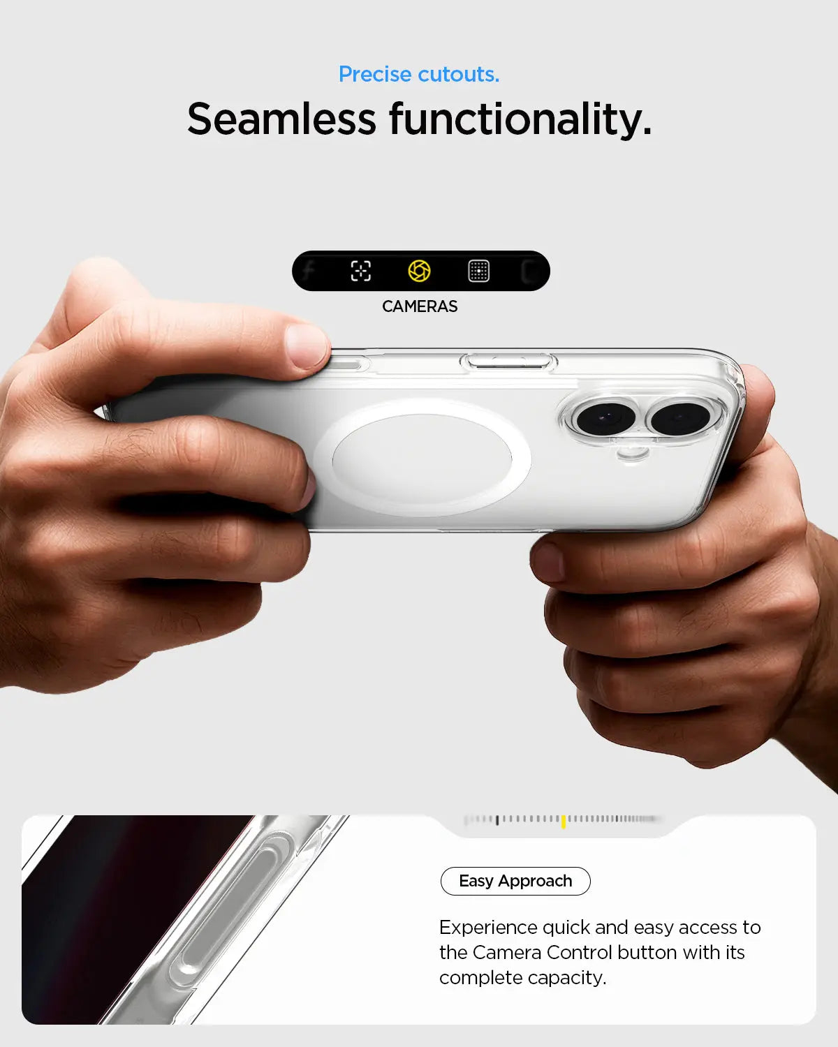 Handen die een doorzichtige telefoon met camera's vasthouden, gericht op precieze uitsparingen en functionaliteit.