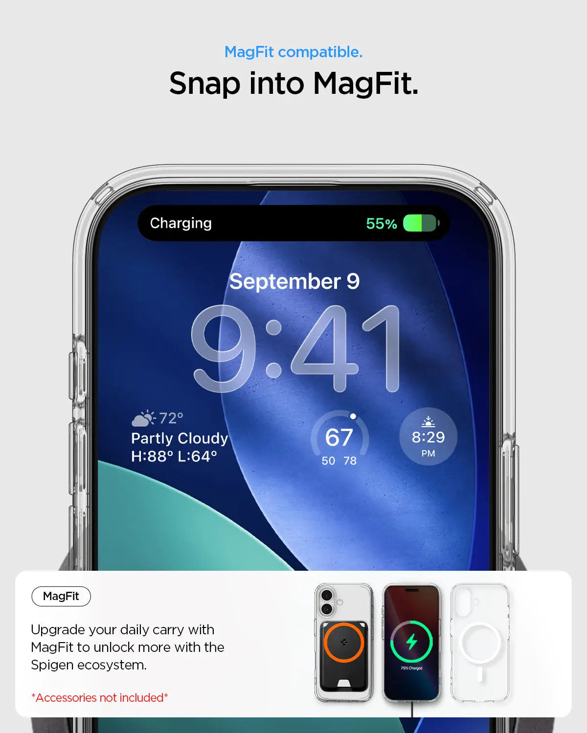 iPhone met MagFit hoesje, 55% opgeladen. Drie hoesjes worden getoond.