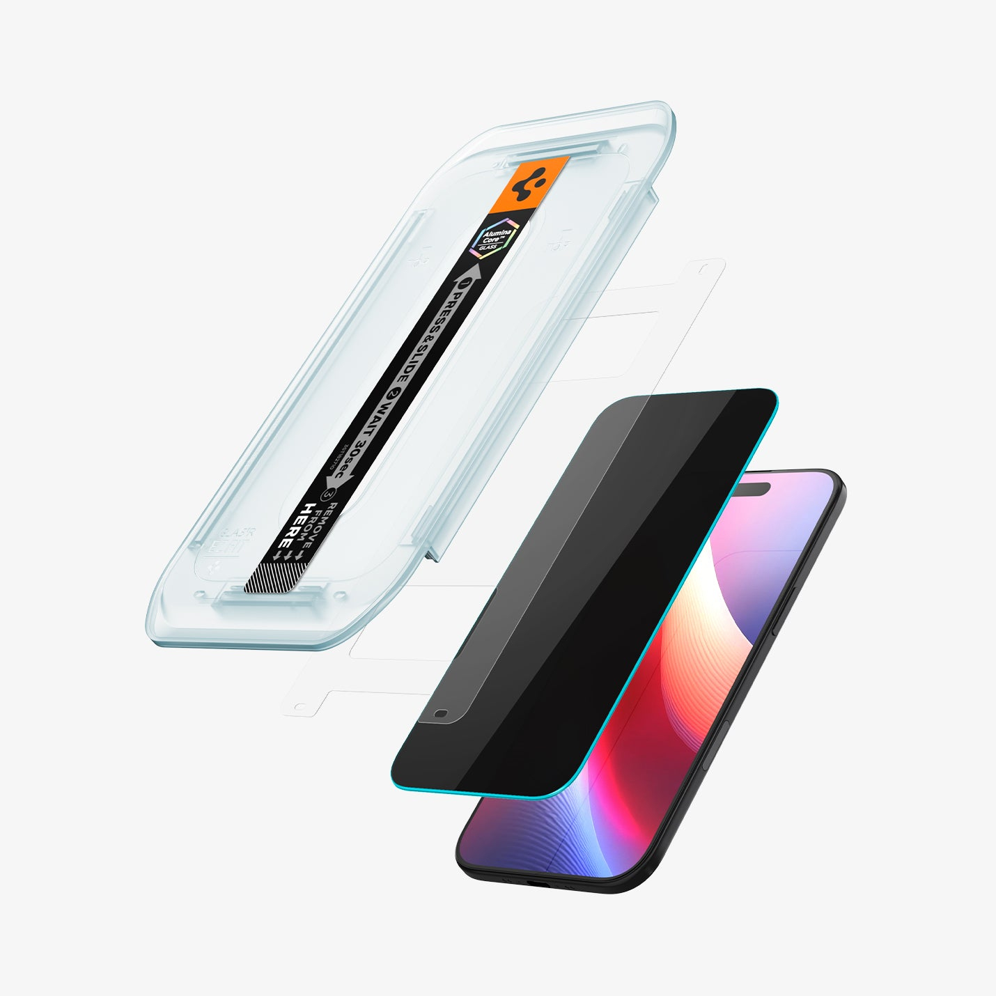 Een schermprotectorapplicator met een telefoon en een folie.