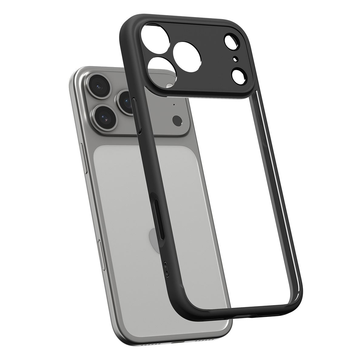 Zwarte telefoonhoes met uitsparingen voor camera en knoppen, op een zilveren telefoon.