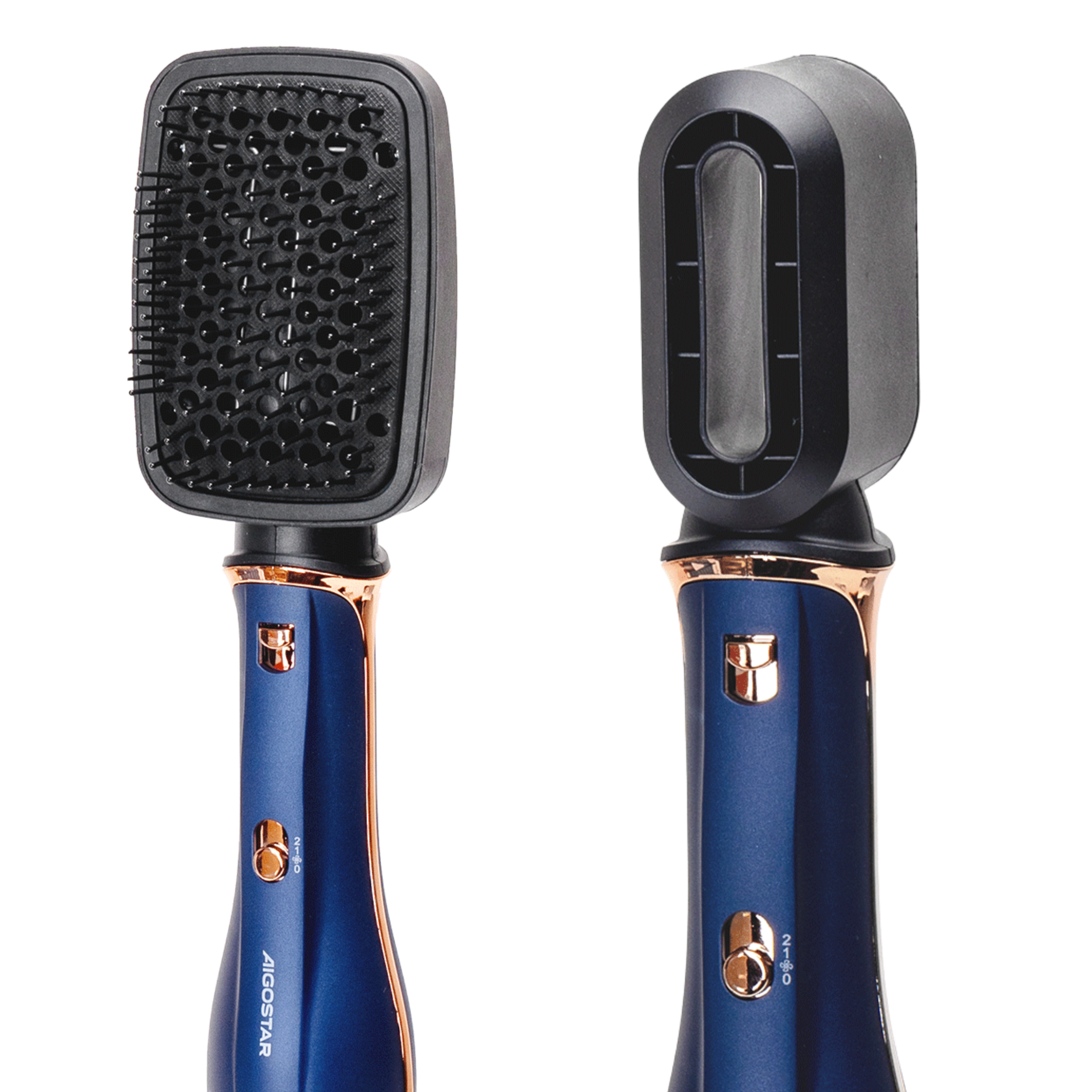 Niebieskie urządzenie do stylizacji włosów ze złotymi akcentami.
