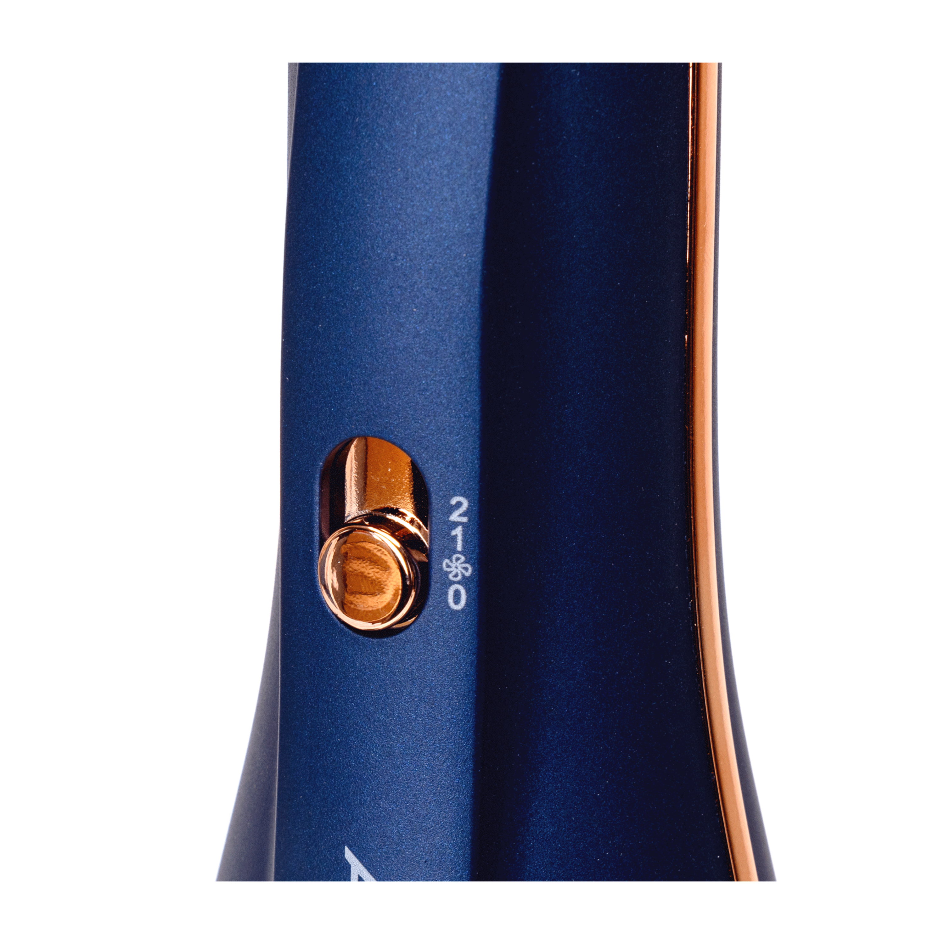 Ciemnoniebieskie urządzenie ze złotym pokrętłem i ustawieniami 0, 1, 2.