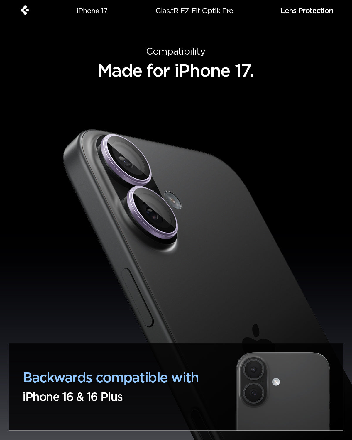 Dark iPhone model with dual cameras and purple rings, compatible with iPhone 16.