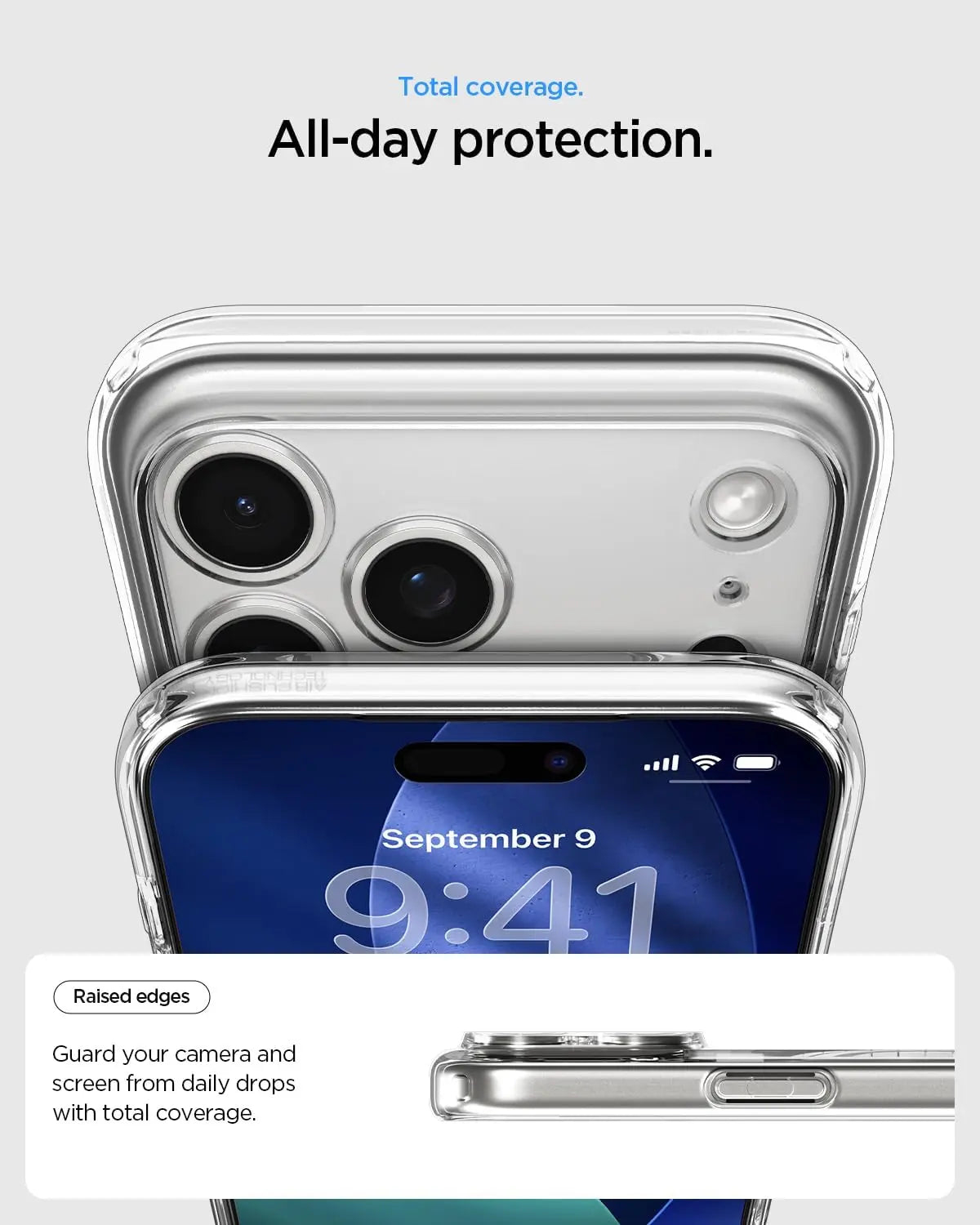 Coque transparente protège caméra et écran iPhone. Heure 9:41.