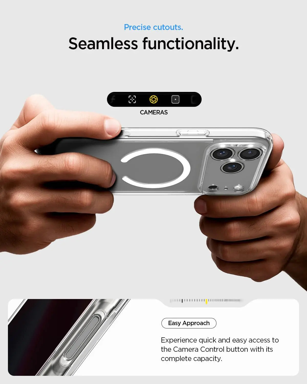 Des mains tiennent une coque de téléphone transparente montrant trois caméras.