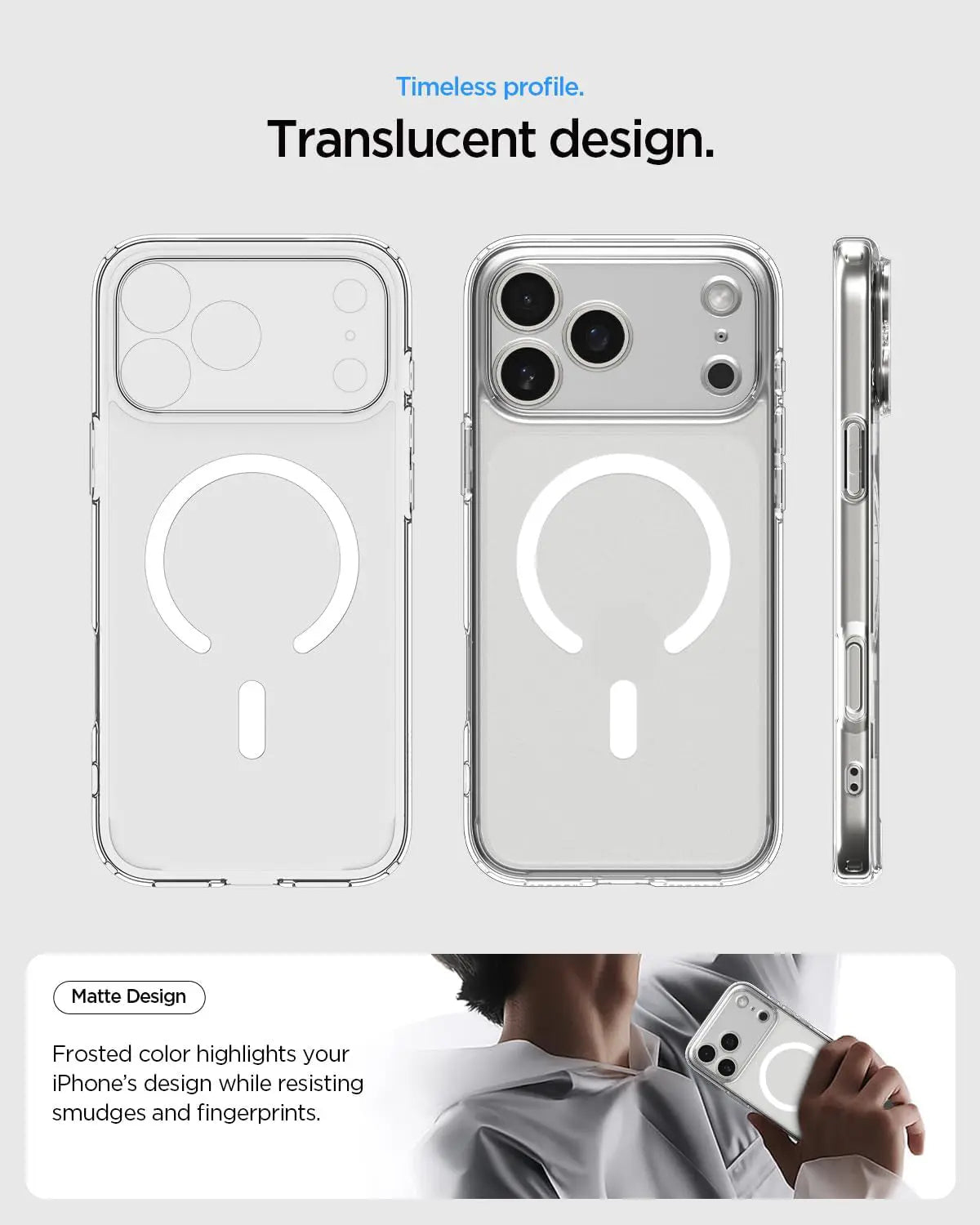 Coque de téléphone transparente avec design à anneau magnétique, vues de face et de côté.