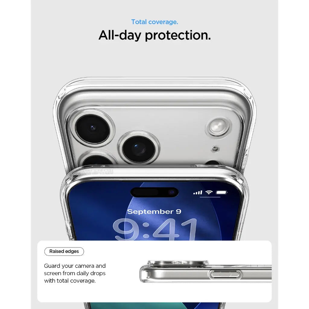 Doorzichtige telefoonhoes met verhoogde randen voor camera- en schermbescherming.