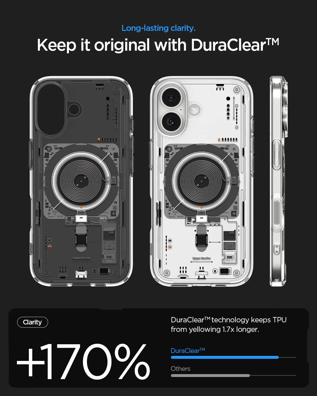 Drie iPhone-hoesjes in zwart, wit en zilver tonen hun achterkanten met technische details.