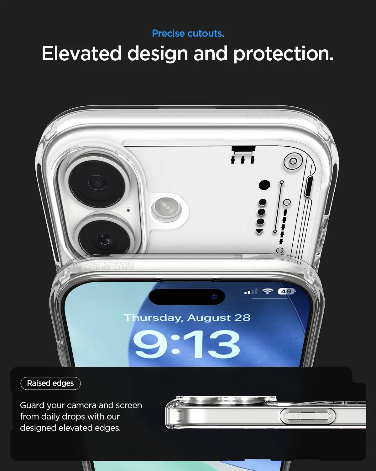Een doorzichtige telefoonhoes beschermt een iPhone met dubbel camerasysteem.