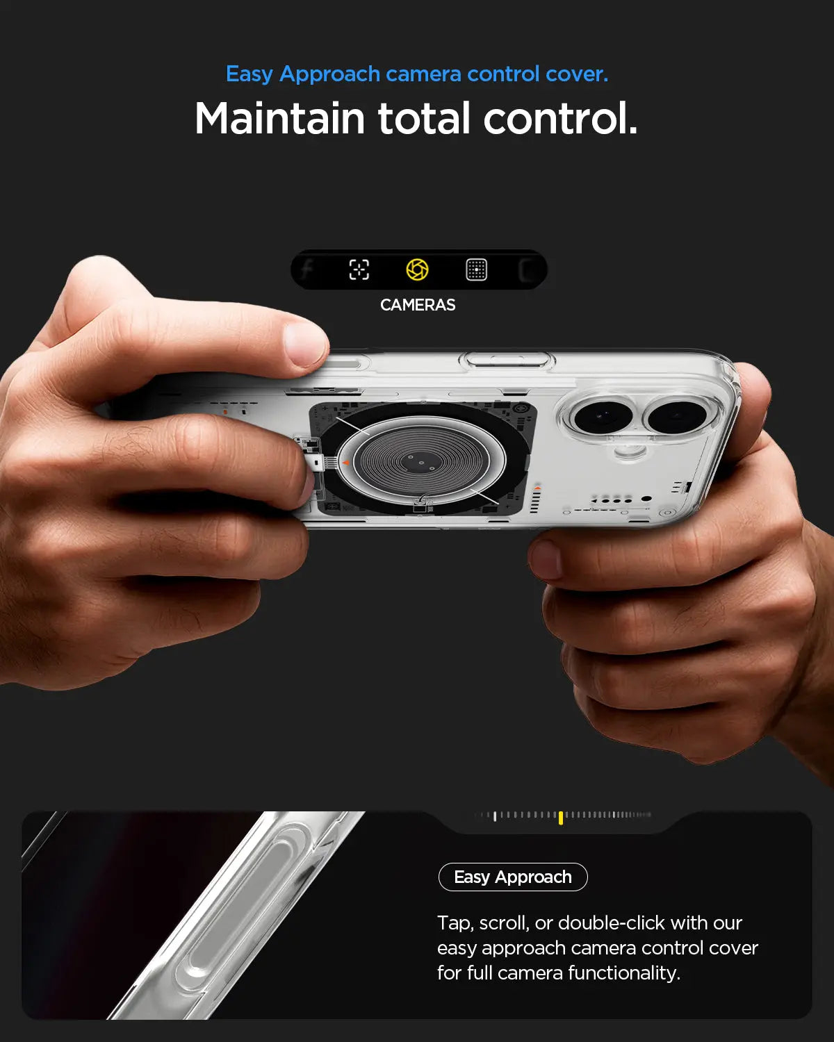 Handen houden een telefoon met een doorzichtige hoes die de cameramodule toont.